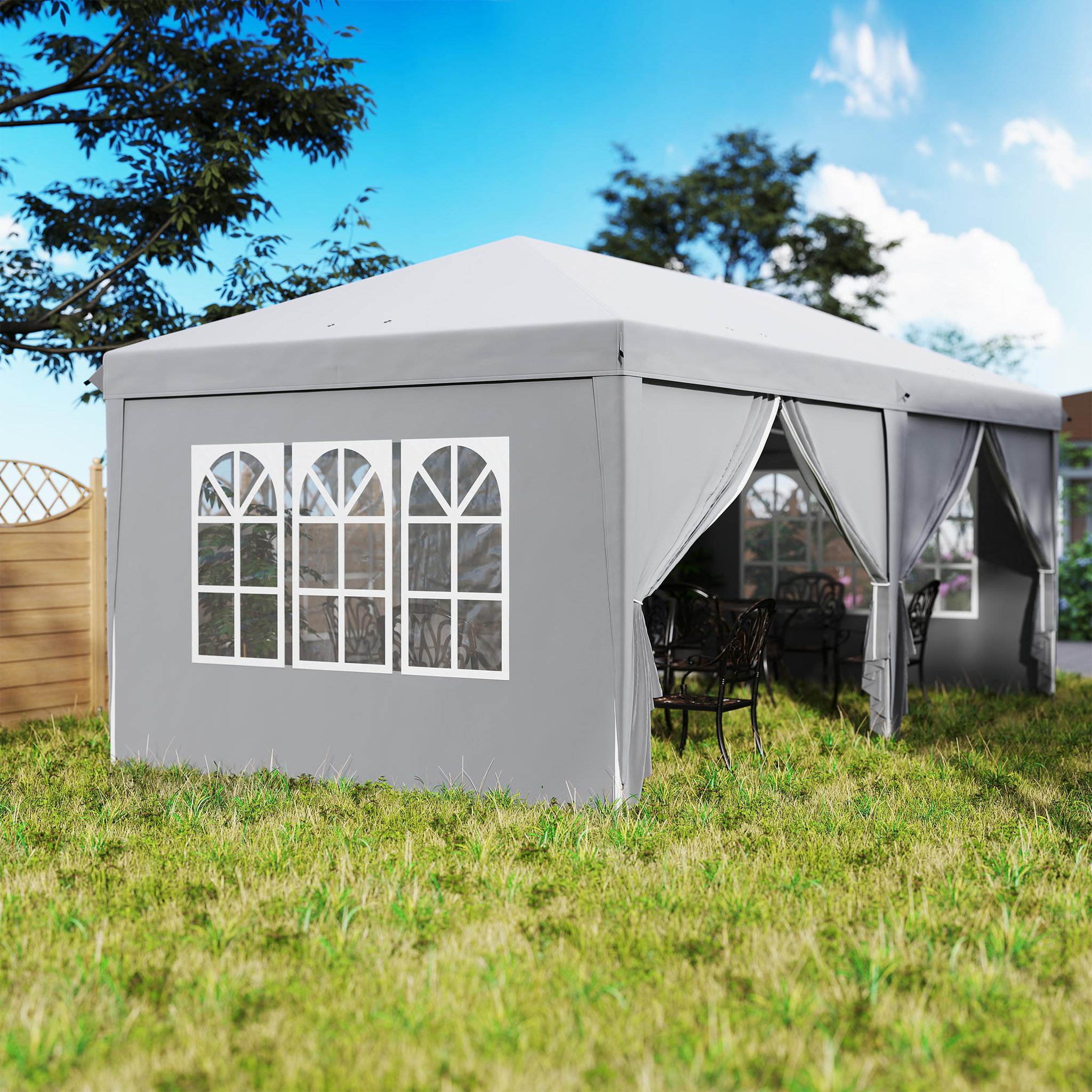 Voir la diapositive 4 : OUTSUNNY Tonnelle barnum pliant pop-up imperméabilisé 5,85L x 2,95l x 2,7H m 6 parois latérales amovibles 4 fenêtres + sac de transport gris