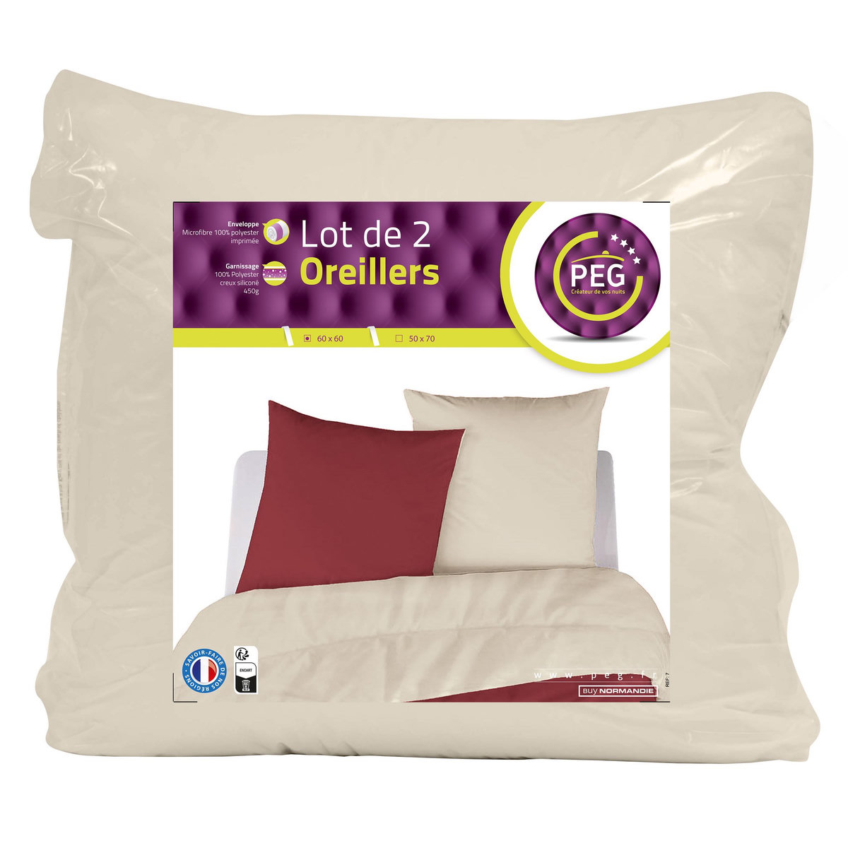 Lot de 2 oreillers unis en microfibre 450 g/m²