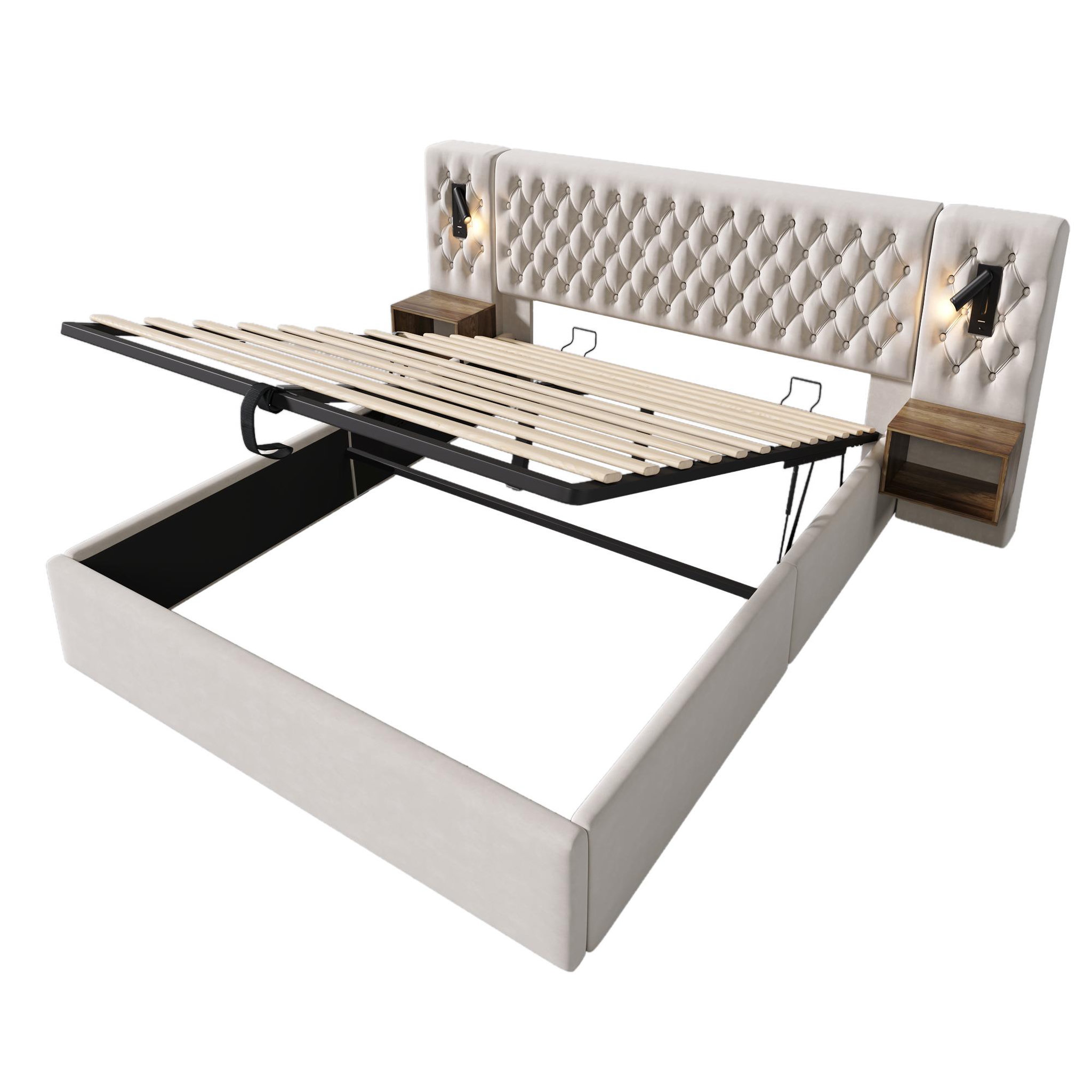 Voir la diapositive 6 : MERAX Lit coffre velours avec 2 chevets, liseuses led usb et tête de lit