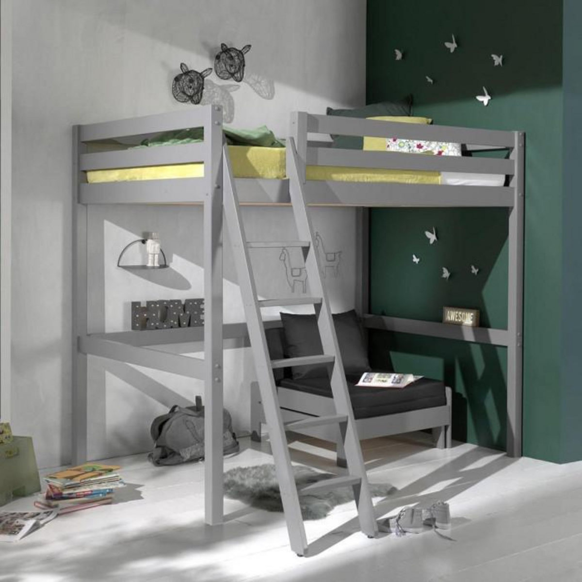 Paris Prix Pack - Lit Mezzanine Enfant & Fauteuil-Lit  Pino  Gris