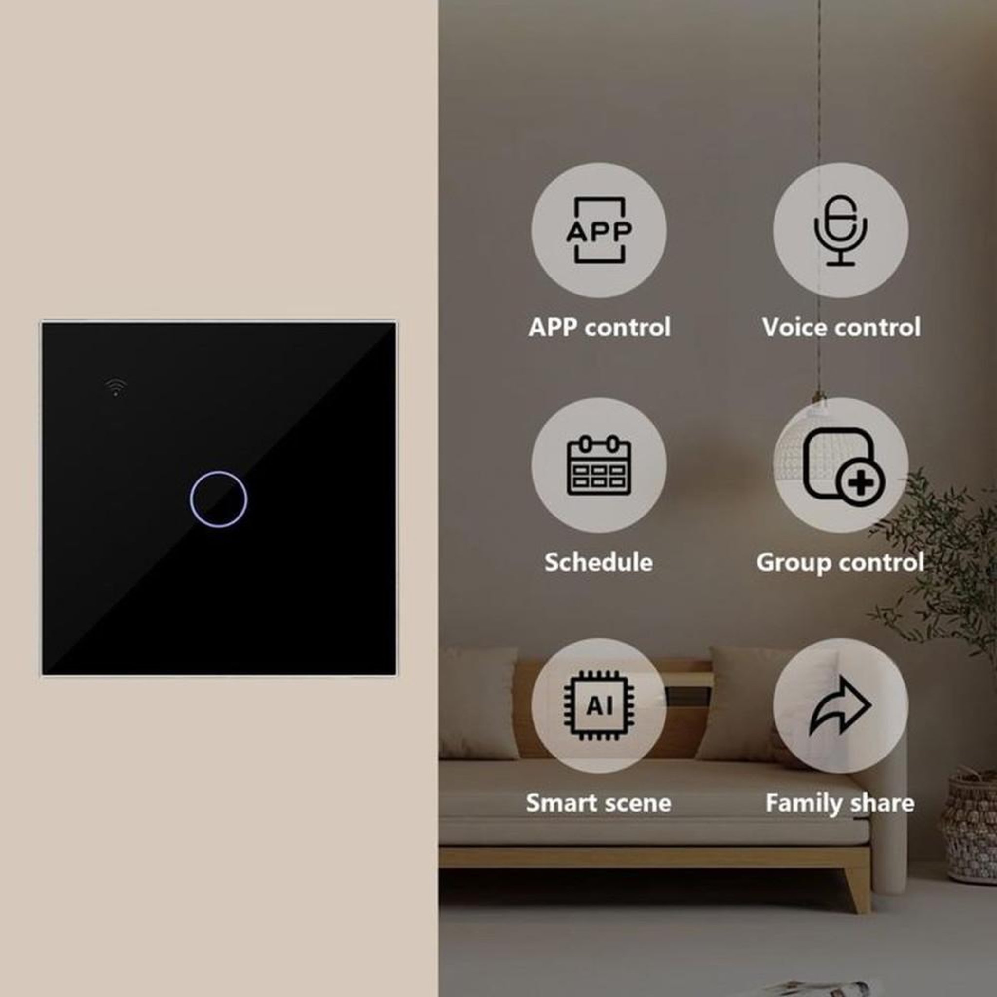 Voir la diapositive 2 : Interrupteur WiFi tactile encastré 1 gang 1 voie noir 2,4 GHz, Tuya/Smart Life, commande vocale Alexa/Google, 5–300 W