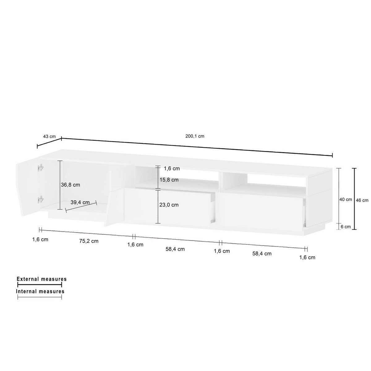 Meuble TV moderne 4 portes 1 tiroir L200cm SORRENTE