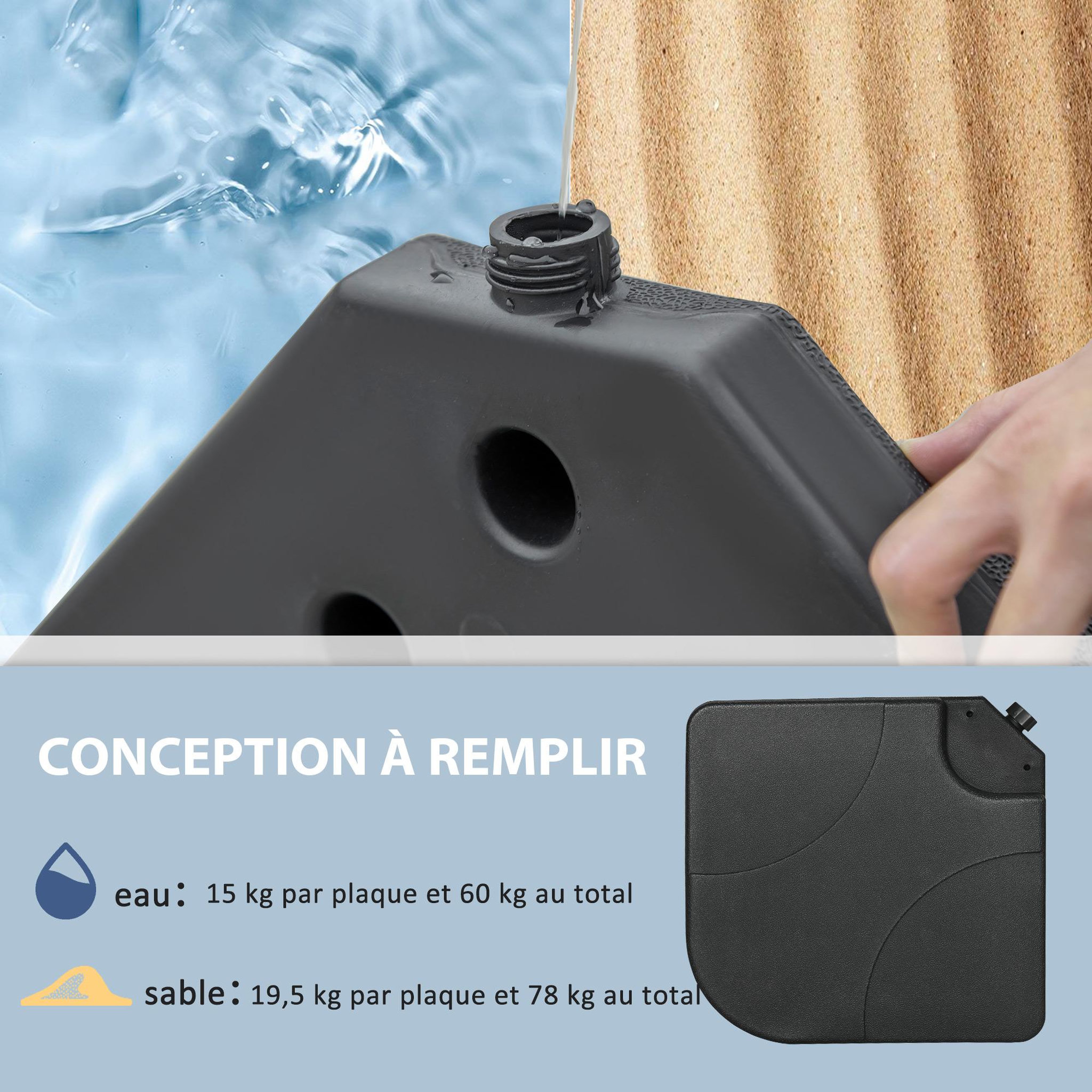 Voir la diapositive 5 : OUTSUNNY Pied de parasol lot de 4 dalles pour parasol à lester dim. tot. 104L x 104l x 7,5H cm HDPE noir