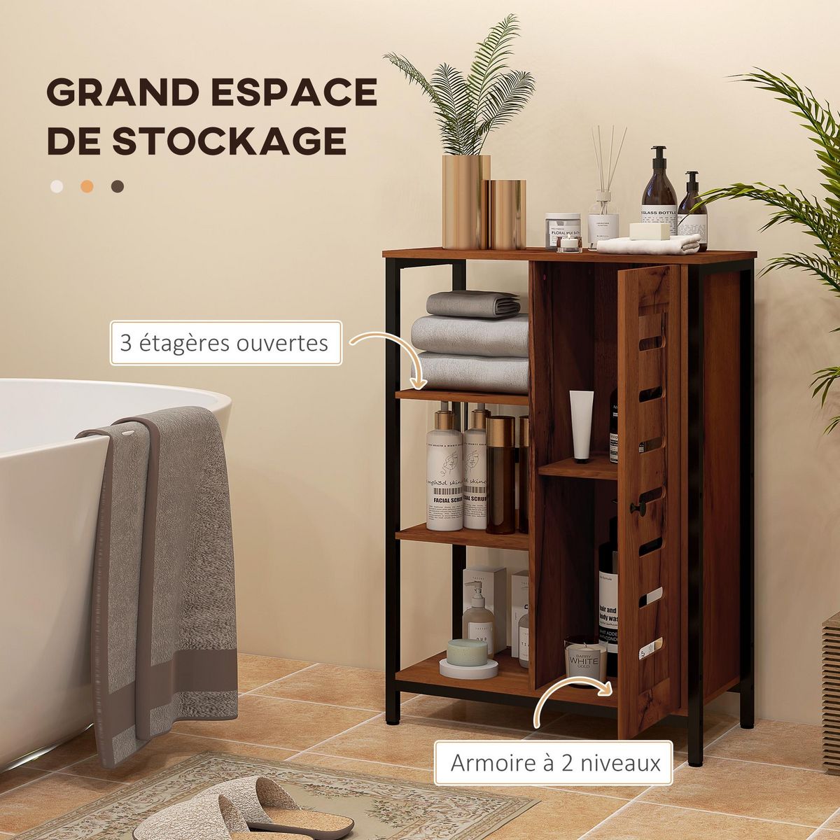 KLEANKIN Meuble de salle de bain sur pied, meuble de rangement, design industriel, structure en acier, 3 étagères ouvertes, placard à 2 niveaux, porte à lamelles, 60 x 30 x 85 cm, marron rustique