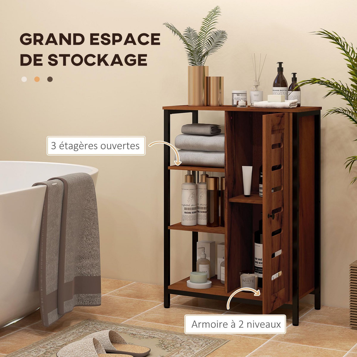 KLEANKIN Meuble de salle de bain sur pied, meuble de rangement, design industriel, structure en acier, 3 étagères ouvertes, placard à 2 niveaux, porte à lamelles, 60 x 30 x 85 cm, marron rustique
