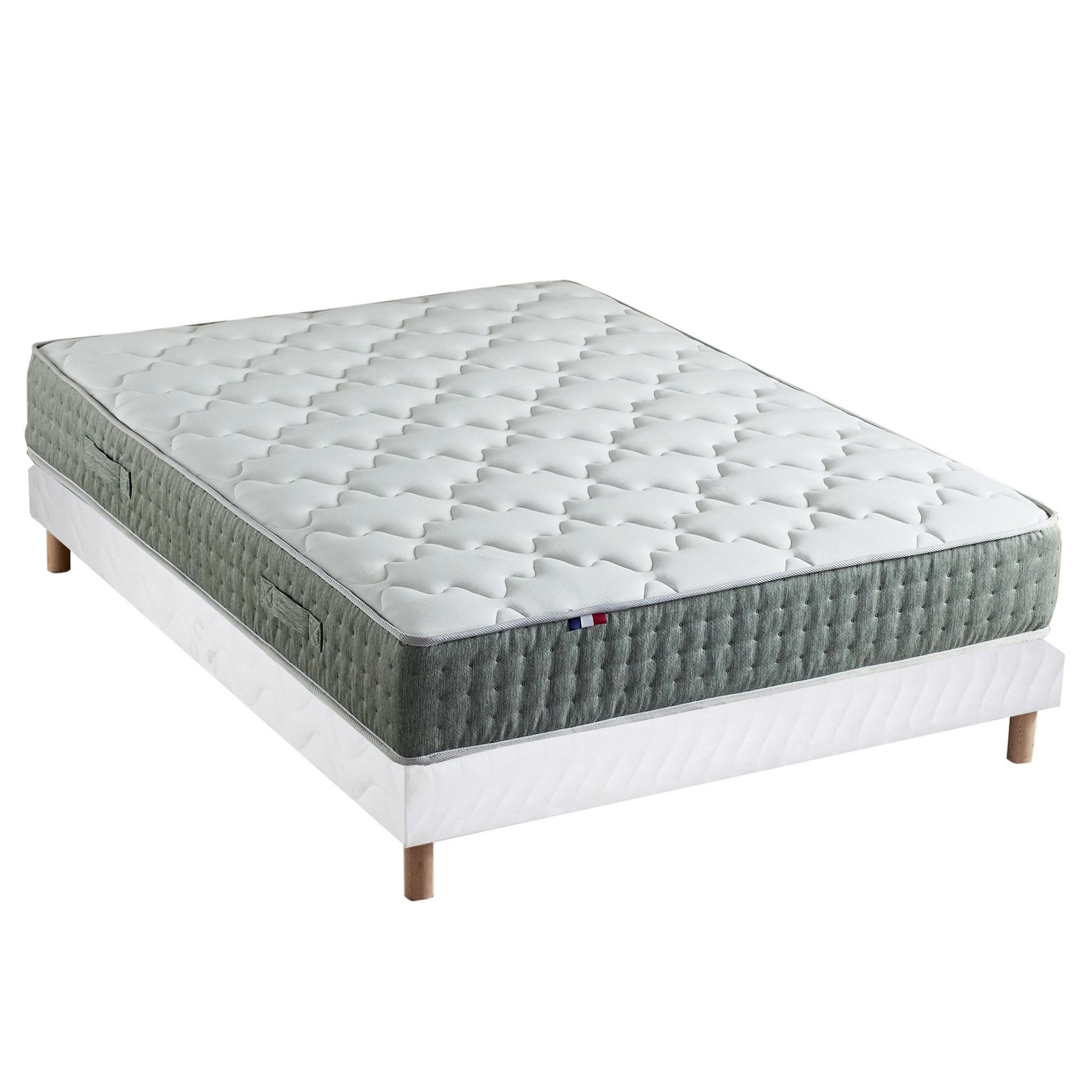 IDLITERIE Ensemble + matelas Ressort 7 zones Face Hiver/Eté différente HYGGE Fabriqué en France. Coloris disponibles : Bleu, Vert, Gris