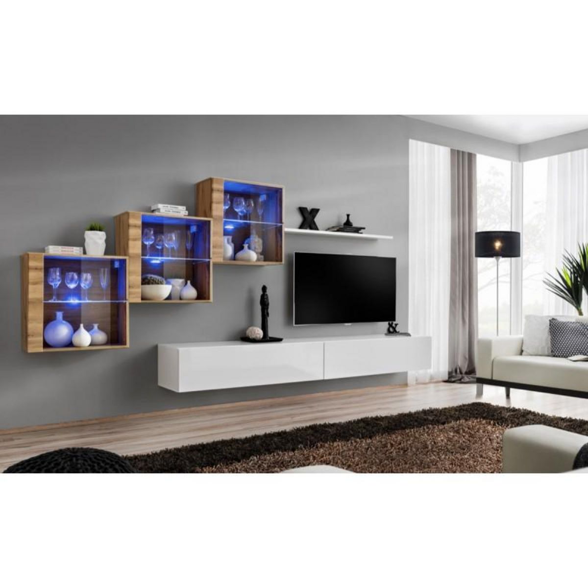 Paris Prix Meuble TV Mural Design  Switch XX  330cm Blanc & Naturel