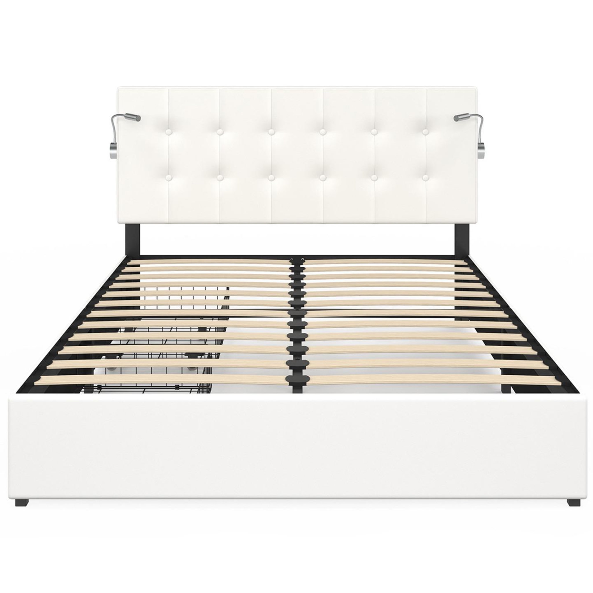 Voir la diapositive 3 : ID MARKET Lit double mael 140 x 190 cm avec tête de lit capitonnée pvc blanc liseuses intégrées et sommier et 2 tiroirs sur roulettes