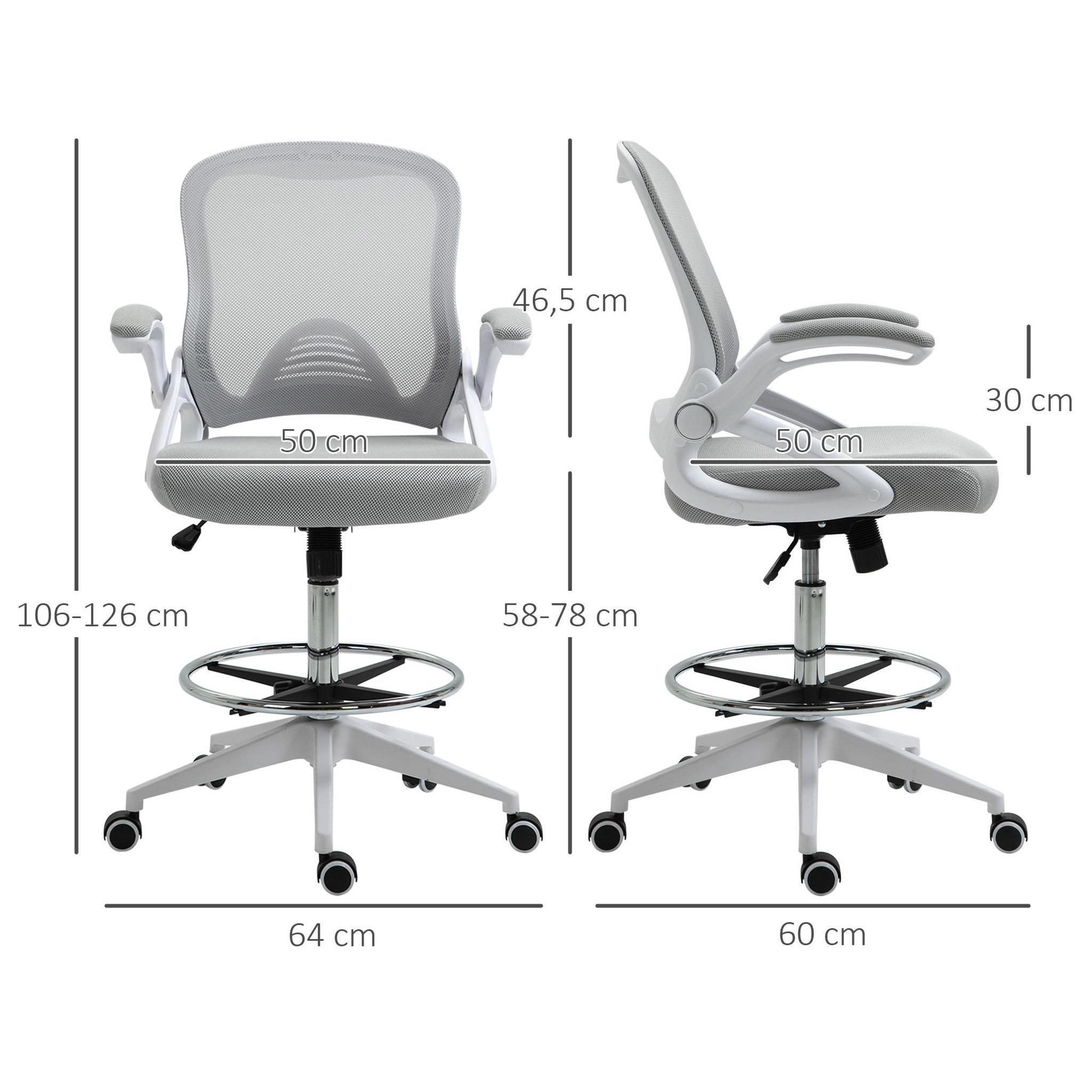 Voir la diapositive 3 : HOMCOM Fauteuil de bureau chaise de bureau assise haute réglable dim. 64L x 60l x 106-126H cm pivotant 360° maille respirante gris
