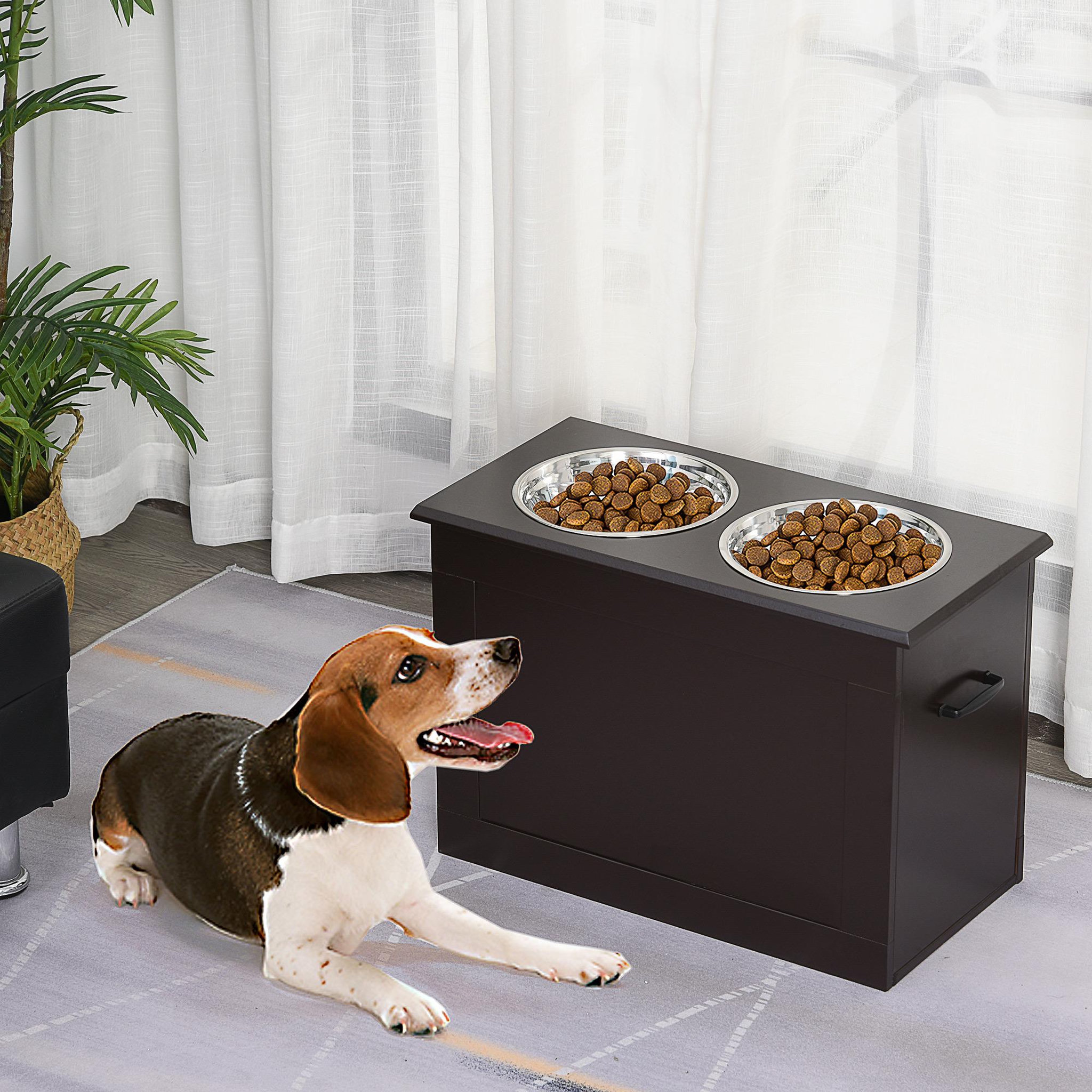 Voir la diapositive 5 : PAWHUT Gamelle double chien chat Porte-gamelles surélevé dim. 60L x 30l x 41H cm 2 gamelles poignées coffre MDF