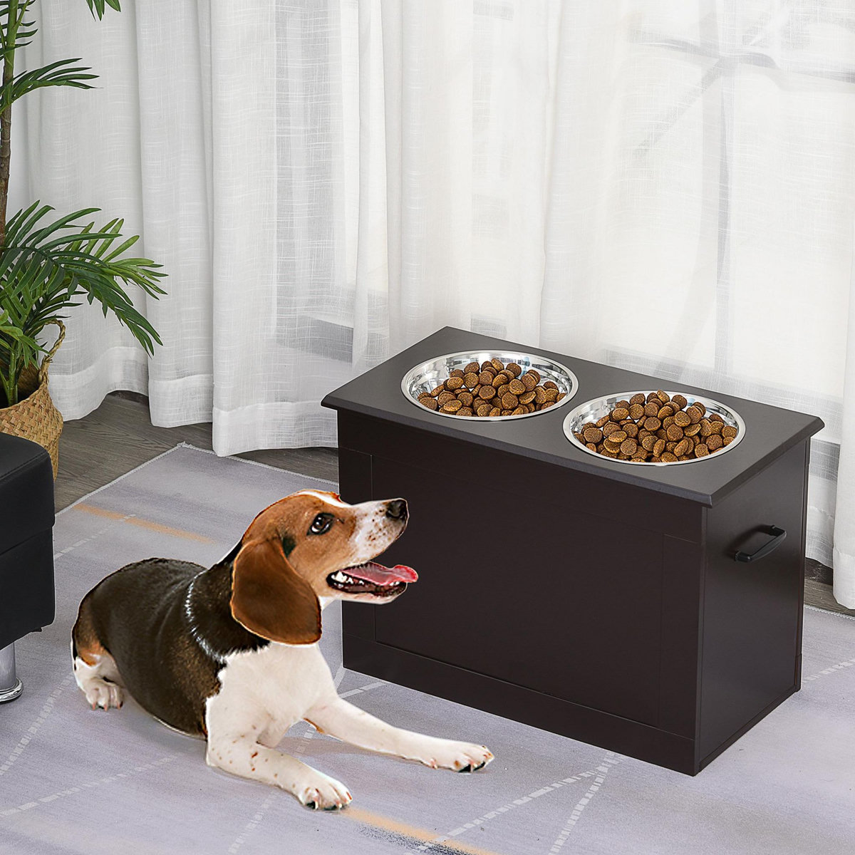 PAWHUT Gamelle double chien chat Porte-gamelles surélevé dim. 60L x 30l x 41H cm 2 gamelles poignées coffre MDF