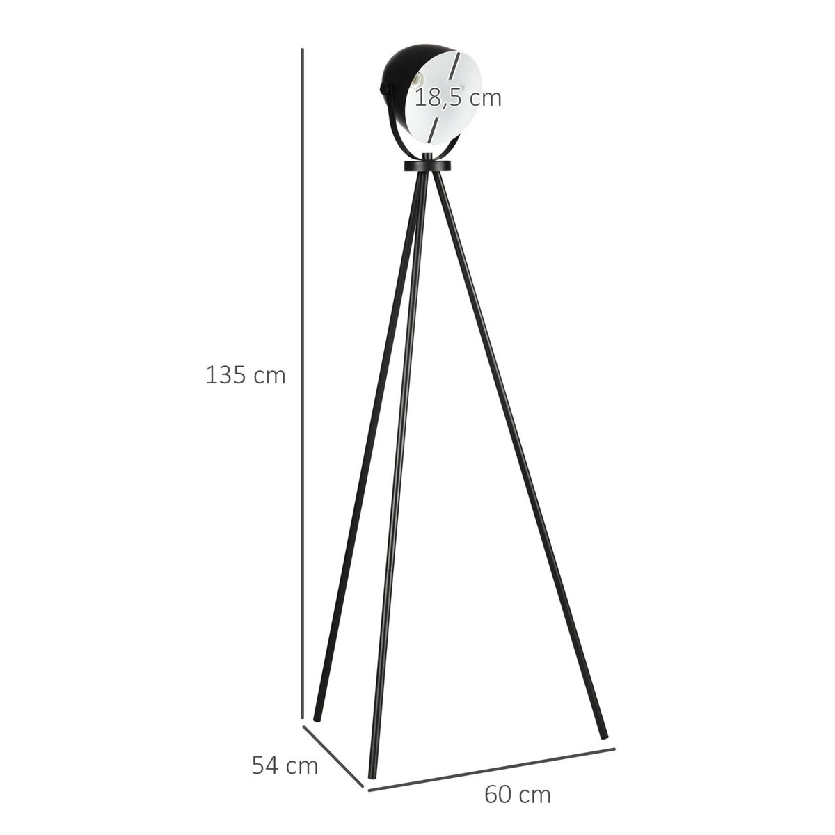 HOMCOM Lampadaire trépied style industriel abat-jour ajustable E27 40W max. dim. 60L x 54l x 135H cm métal noir blanc