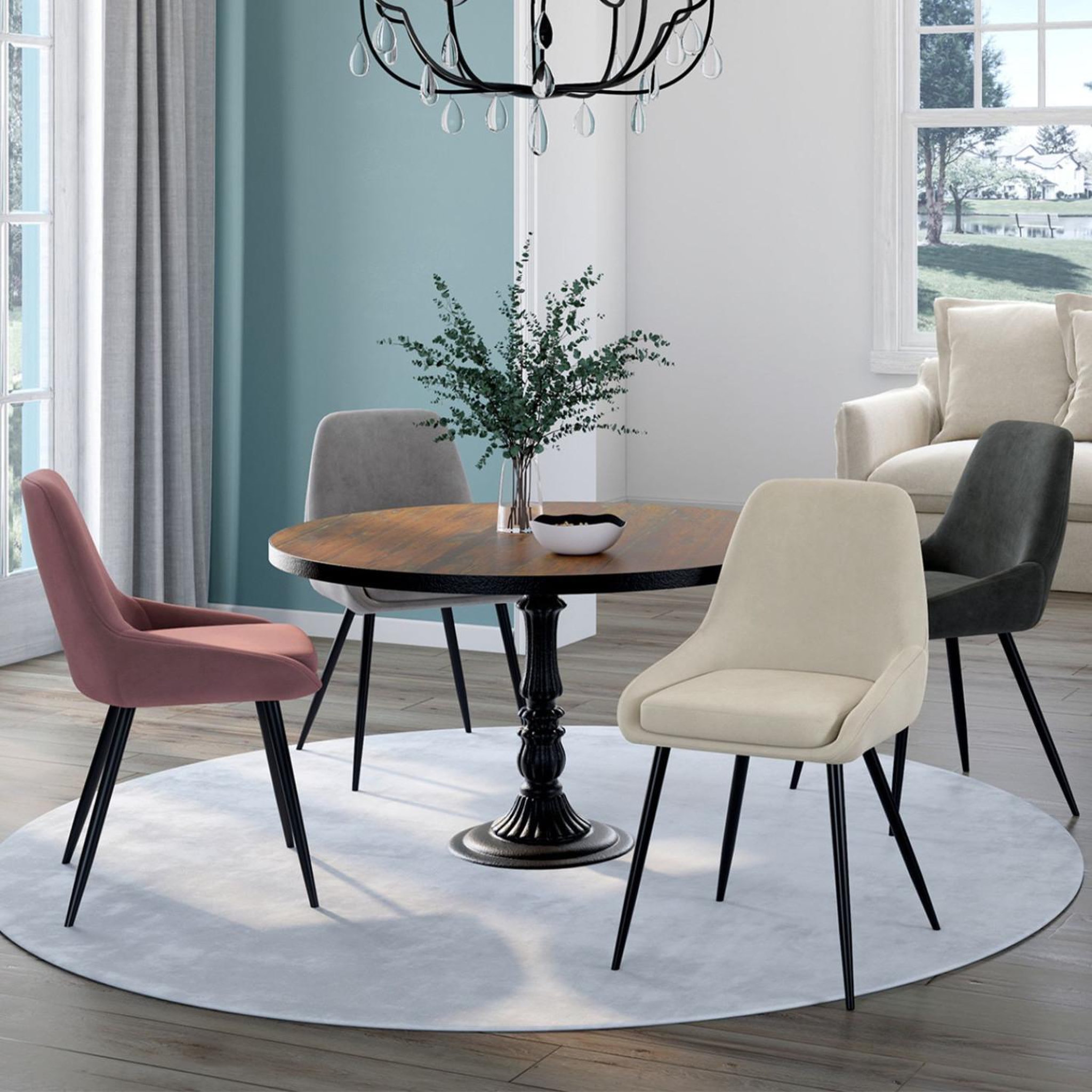 Voir la diapositive 2 : ID MARKET Lot de 4 chaises thalya en velours mix color crème, gris clair, gris foncé, rose avec accoudoirs