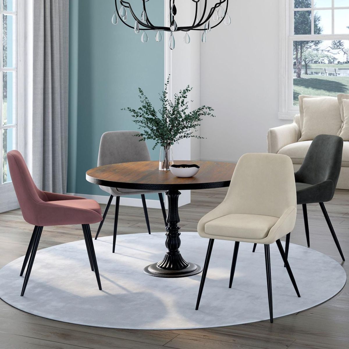 ID MARKET Lot de 4 chaises THALYA en velours mix color crème, gris clair, gris foncé, rose avec accoudoirs