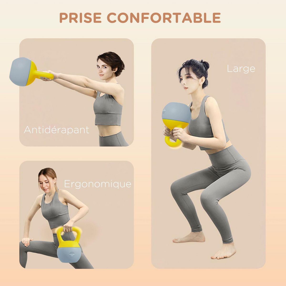 HOMCOM Kettlebell 6 Kg - prise ergonomique - entraînement musculaire & haltérophilie - PVC gris jaune