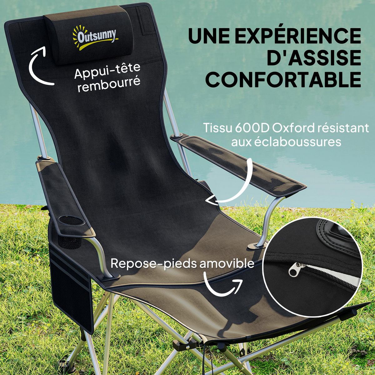 OUTSUNNY Lot de 2 chaises de camping pliantes - repose-pied amovible, rangements - sac transport - noir