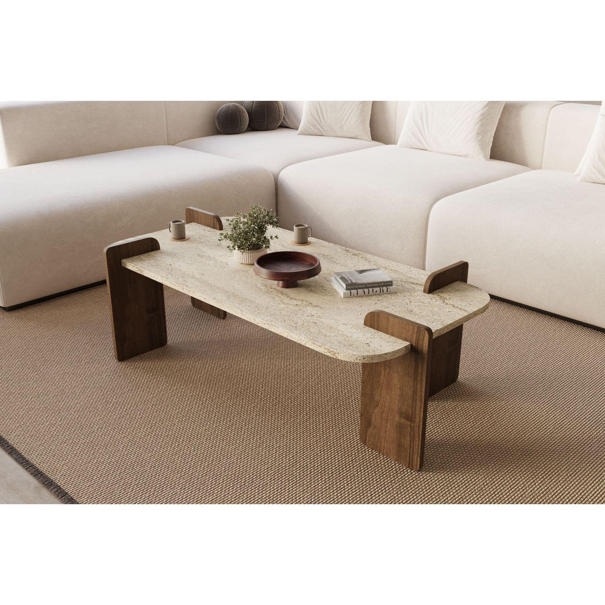 Voir la diapositive 6 : TOILINUX Table basse effet travertin et bois foncé romane - marron et beige