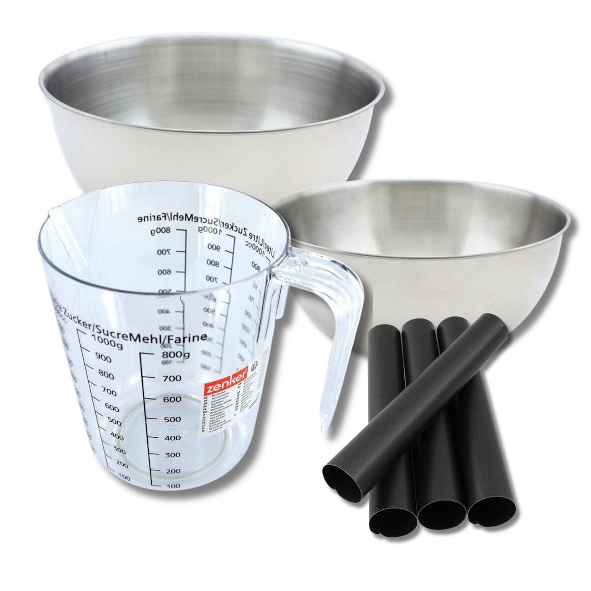ZENKER Set pâtisserie avec 4 moules tube 13 cm, 2 bols à mixer, verre mesureur et spatule Zenker