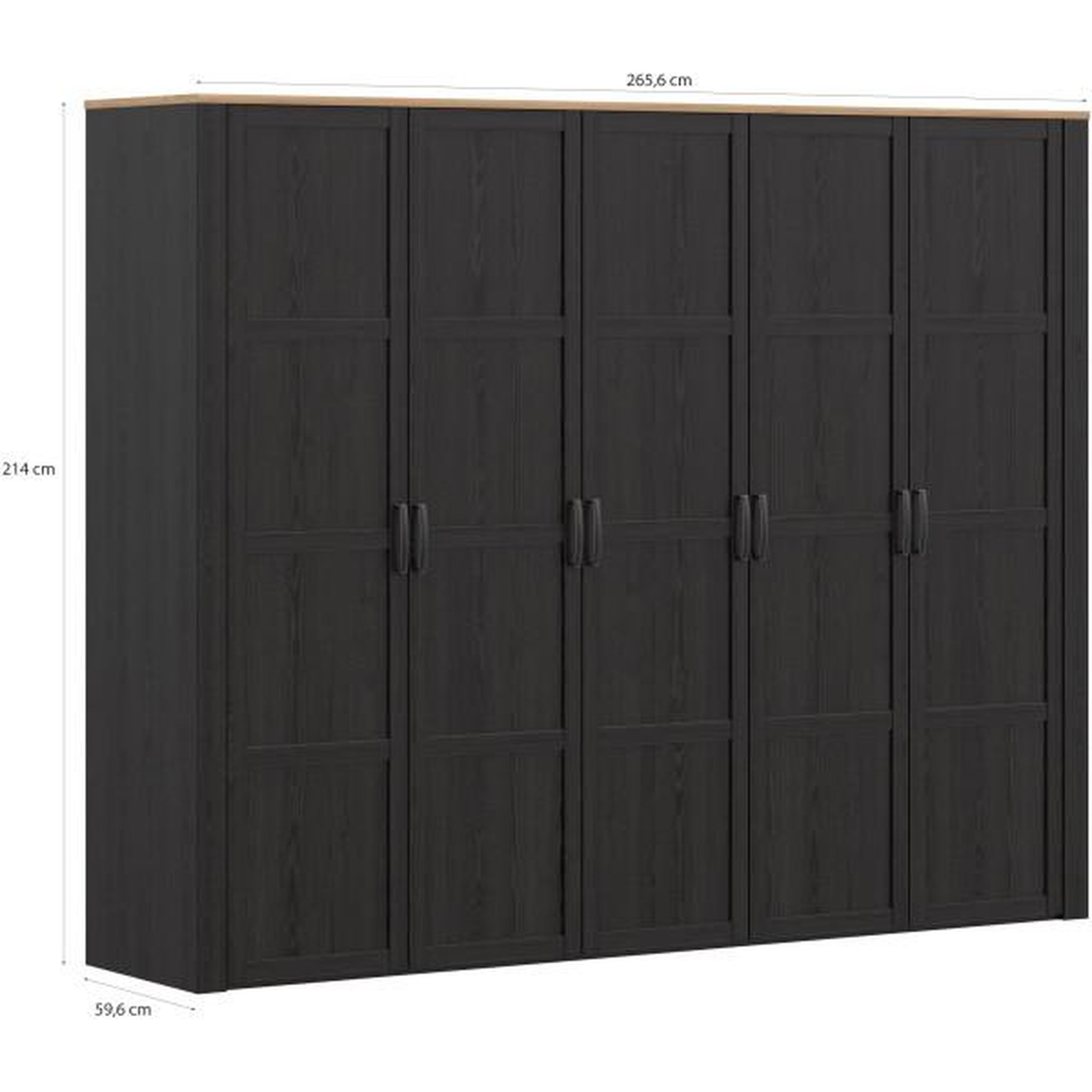 Voir la diapositive 6 : MARKET24 Armoire de chambre - BOHOL - Décor Chene et Noir - 5 portes battantes - L265,6 x P59,6 x H214 cm