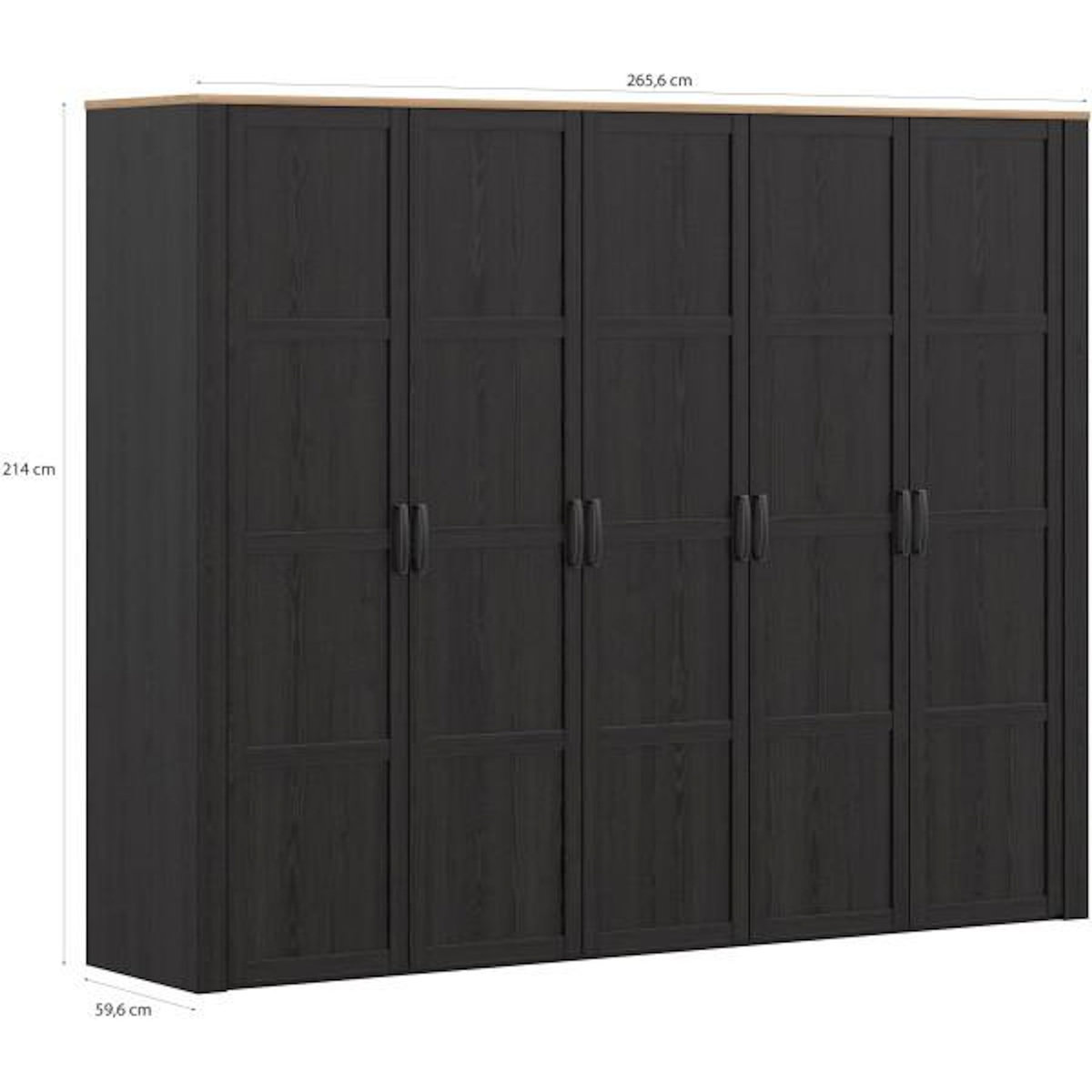 MARKET24 Armoire de chambre - BOHOL - Décor Chene et Noir - 5 portes battantes - L265,6 x P59,6 x H214 cm