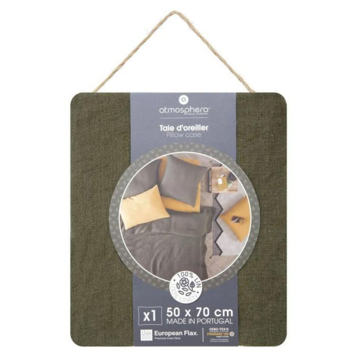 ATMOSPHERA Taie d'Oreiller en Lin  Adorable  50x70cm Vert Kaki