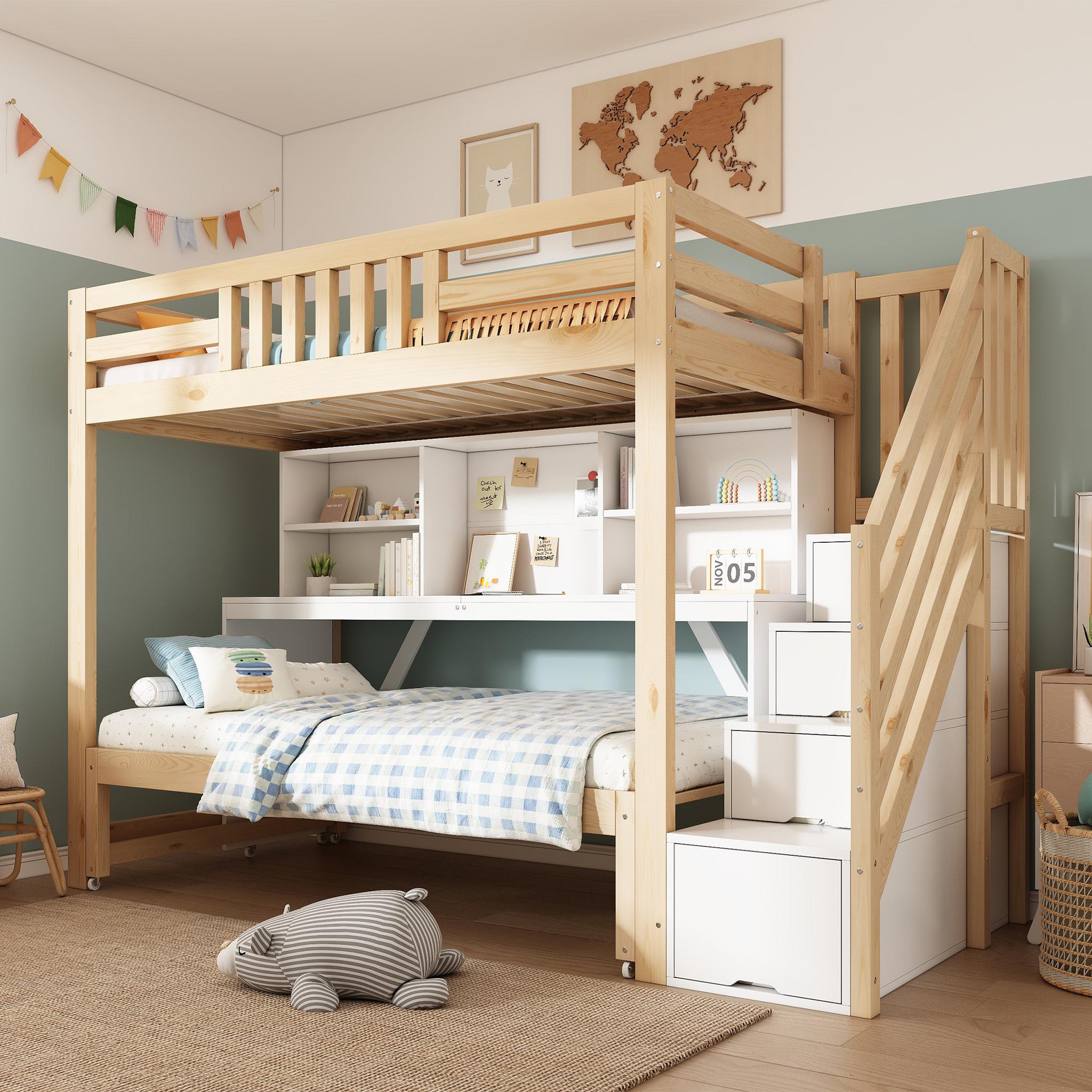Voir la diapositive 4 : MERAX Lit superposé enfant 90x200+90x190 cm avec bureau coloris blanc et chêne