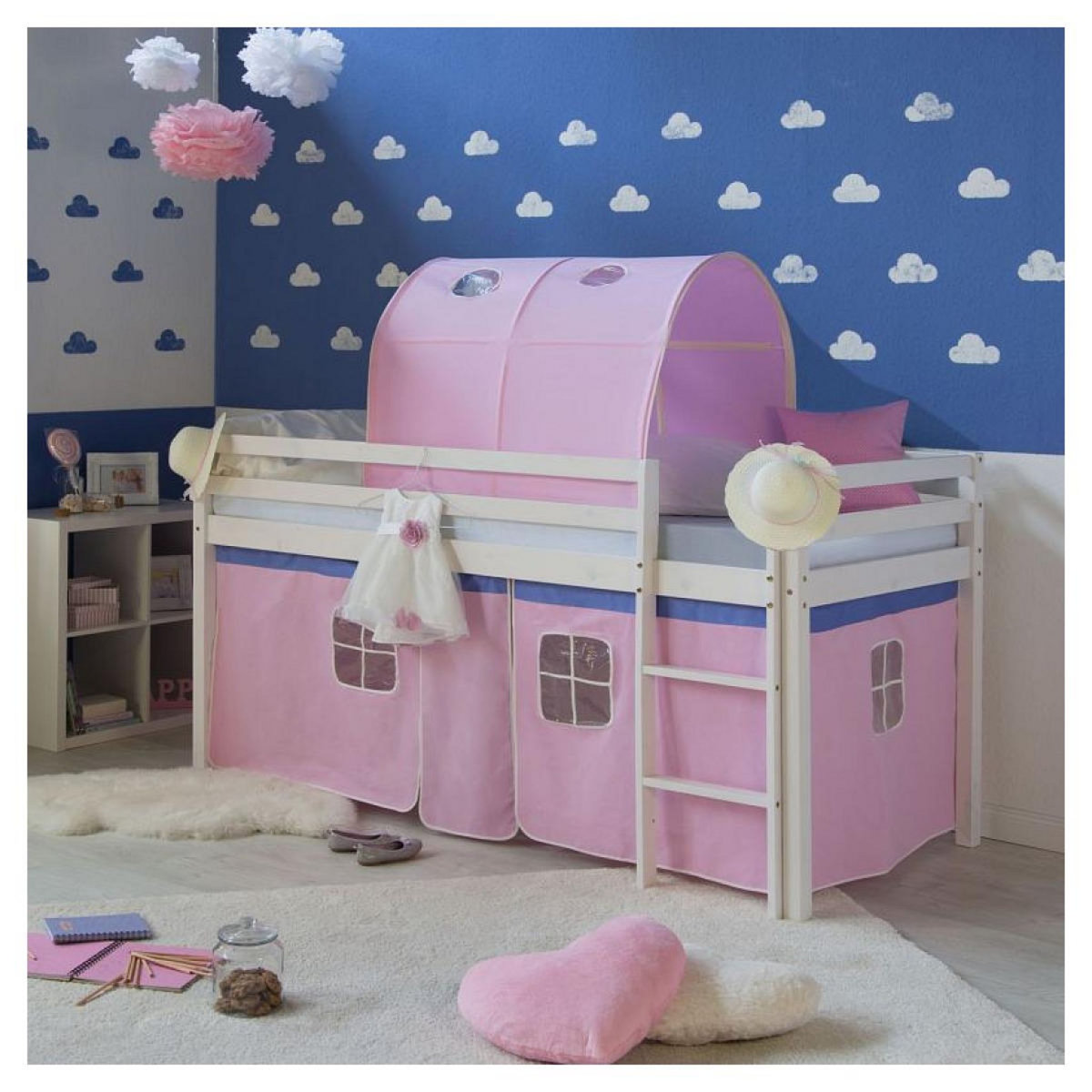 HomeStyle4U Lit mi-haut 90x200 cm avec sommier tunnel rose