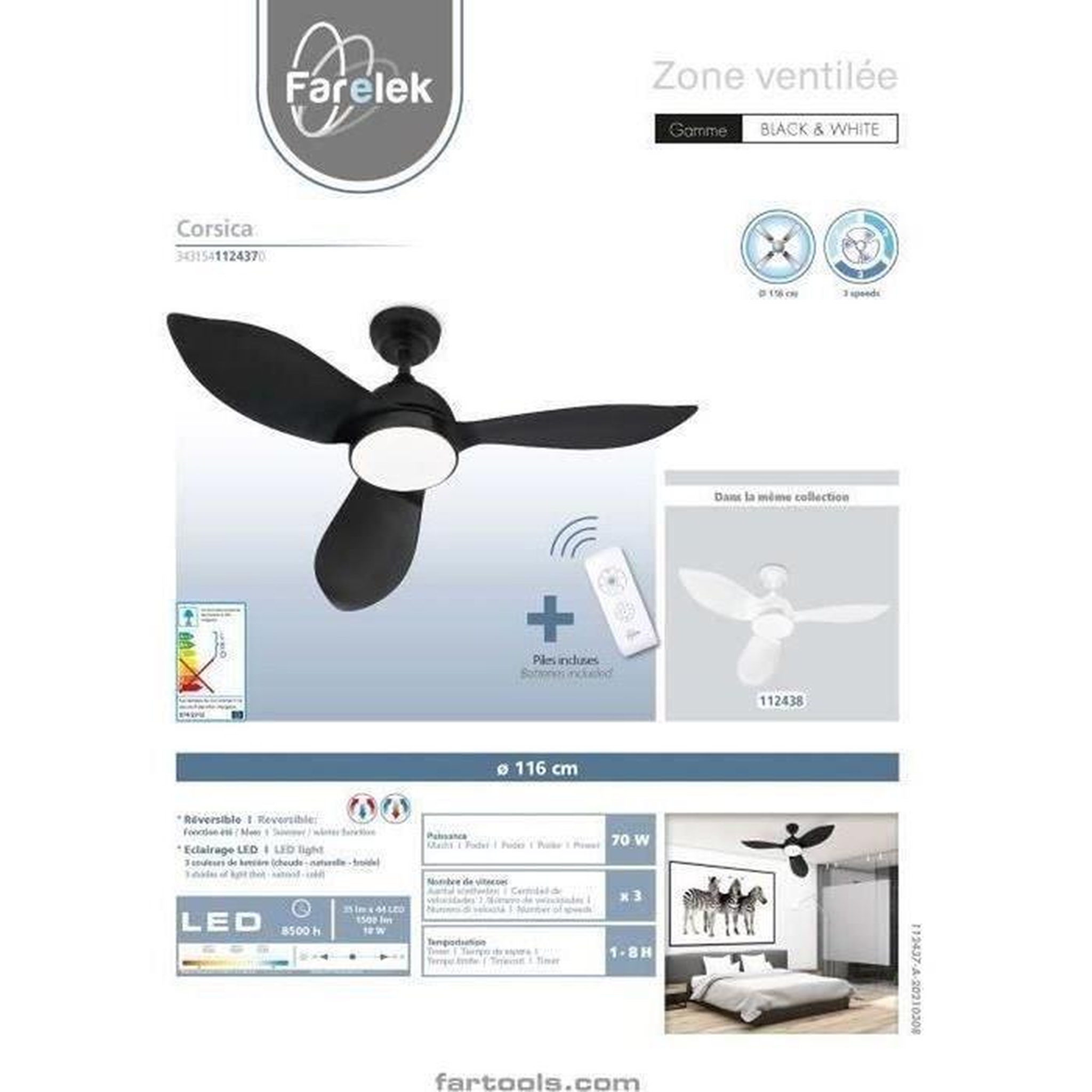 Voir la diapositive 2 : Farelek Ventilateur de plafond  CORSICA Blanc Ø116cm 70W + éclairage LED
