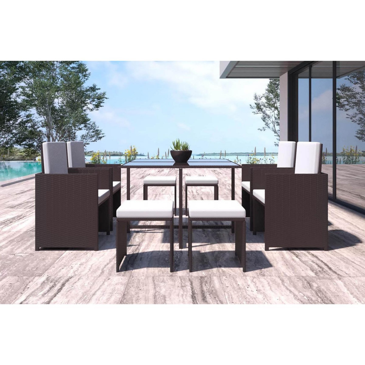 CONCEPT USINE Salon de jardin encastrable Marron-Blanc 8 places FLORIDA