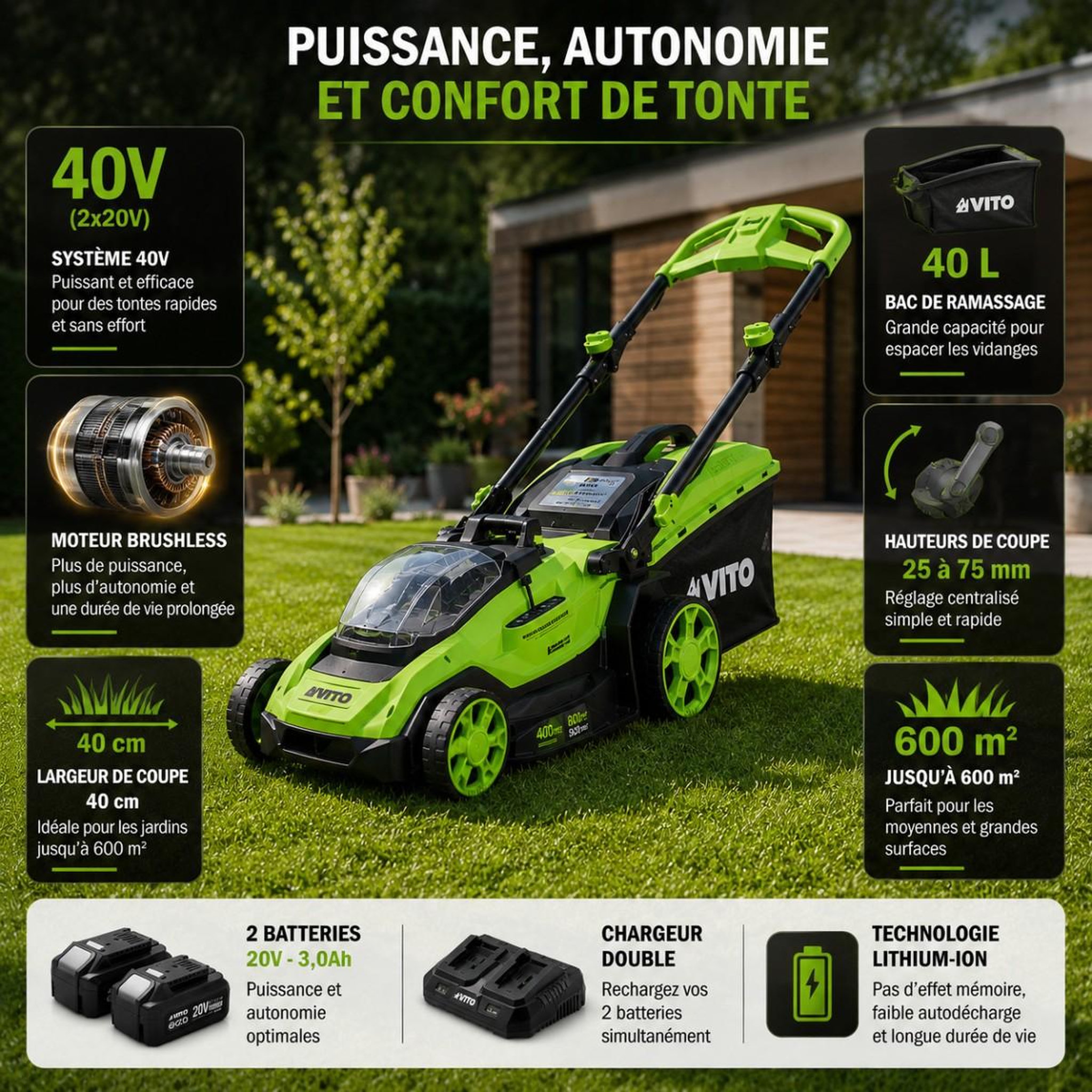Voir la diapositive 2 : VITO Tondeuse à gazon 40v - 2 batteries lithium 3.0ah chargeur double moteur brushless 600m2 vito