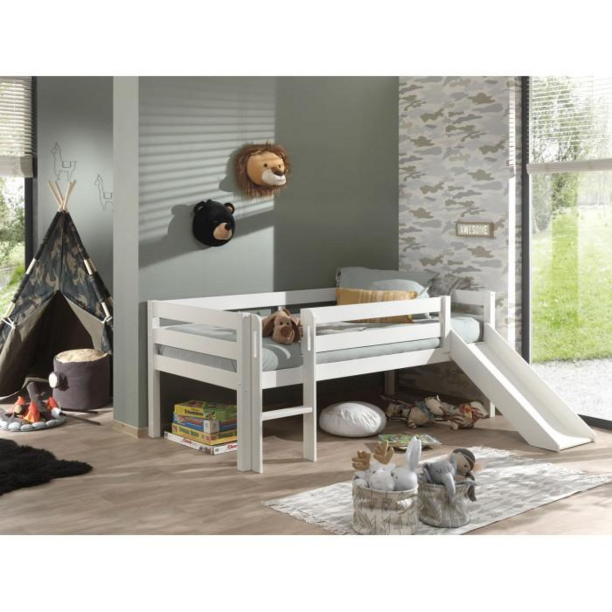 Paris Prix Lit Enfant Surélevé & Toboggan  Pino  90x200cm Blanc