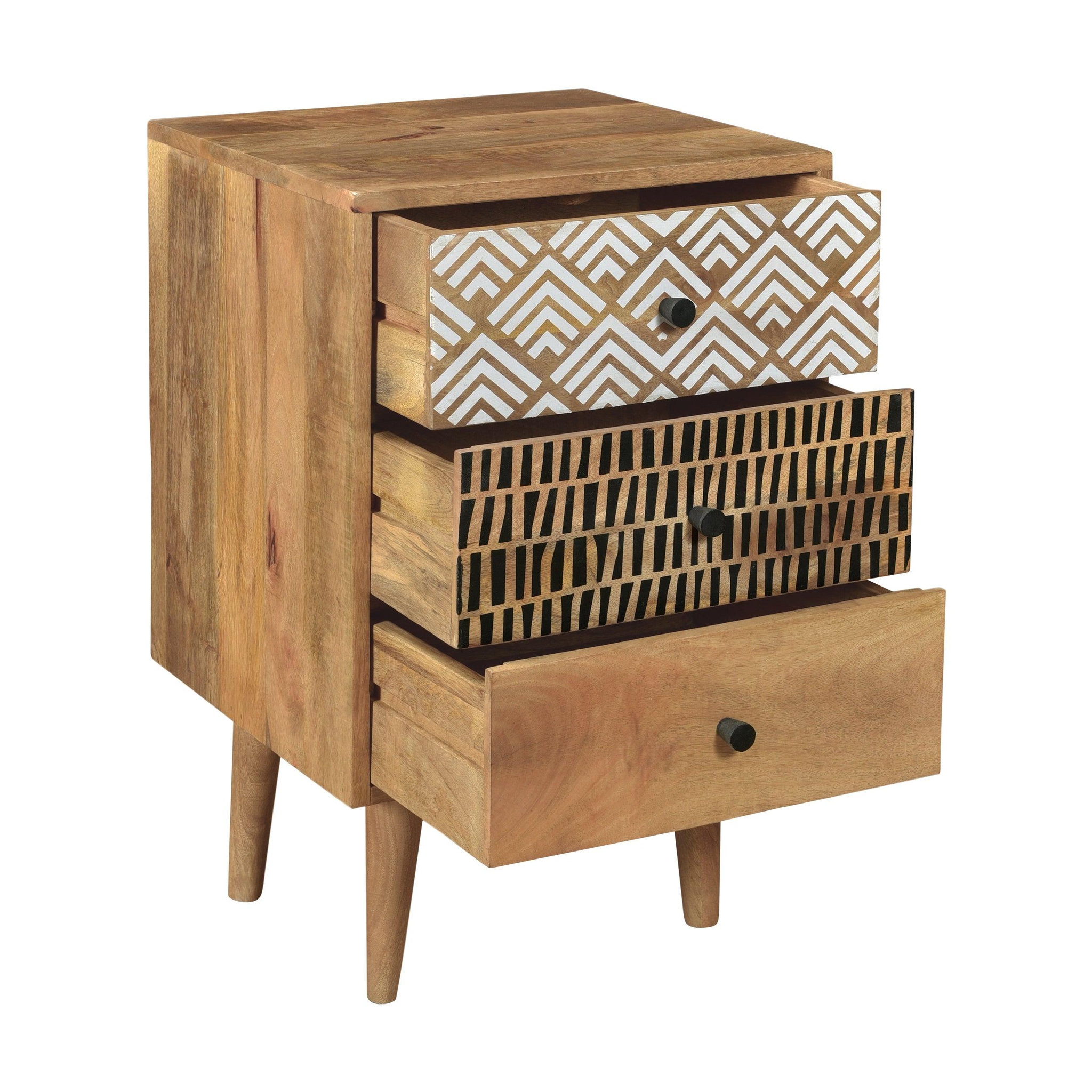 Voir la diapositive 6 : MAISON PAVANE Table de chevet en bois, 3 tiroirs à motifs-tali