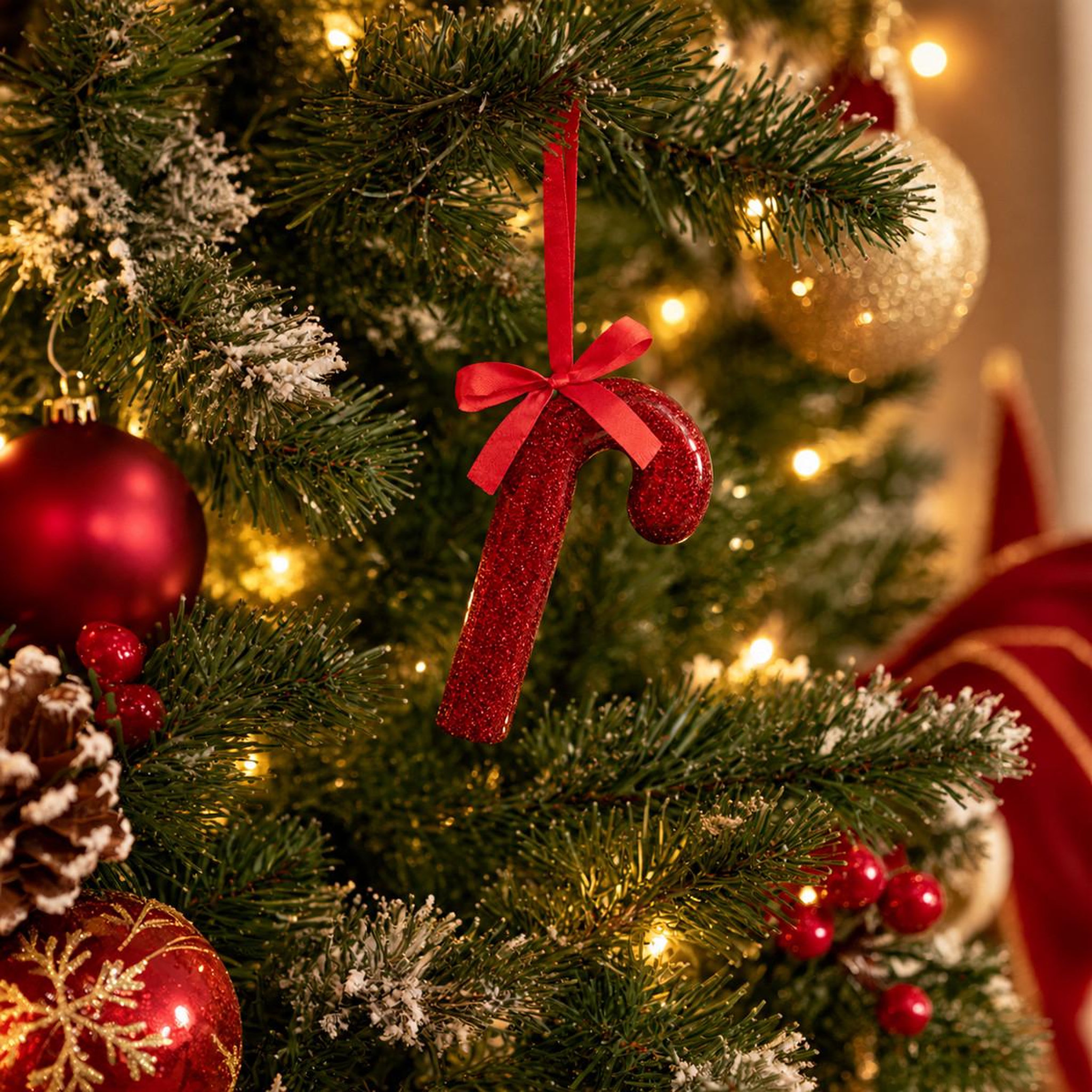 Voir la diapositive 3 : ATMOSPHERA Sujet de Noël Sucre d'Orge  Pailleté  15cm Rouge