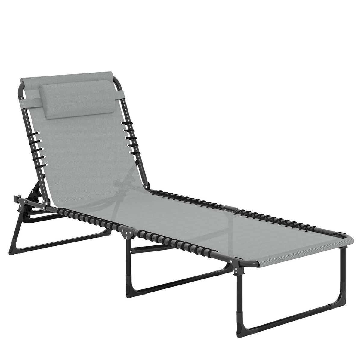 OUTSUNNY Bain de soleil transat pliable dossier inclinable multi-positions acier thermoplastique lacets élastiques noir textilène gris clair