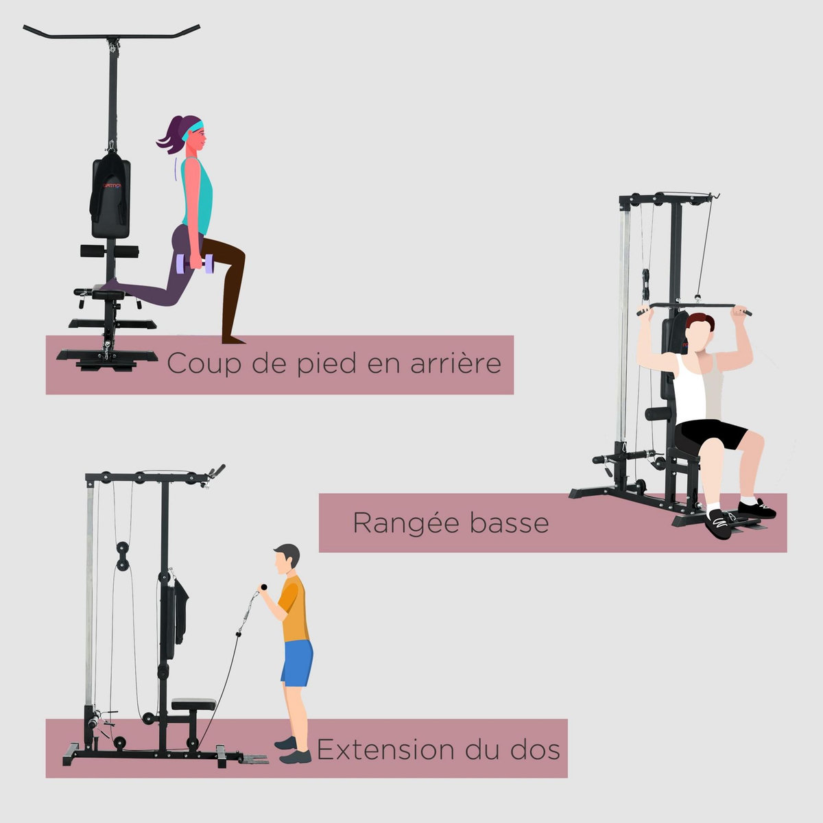 HOMCOM Station de musculation tirage poitrine - lat pulldown machine - bande de résistance, siège réglable - noir