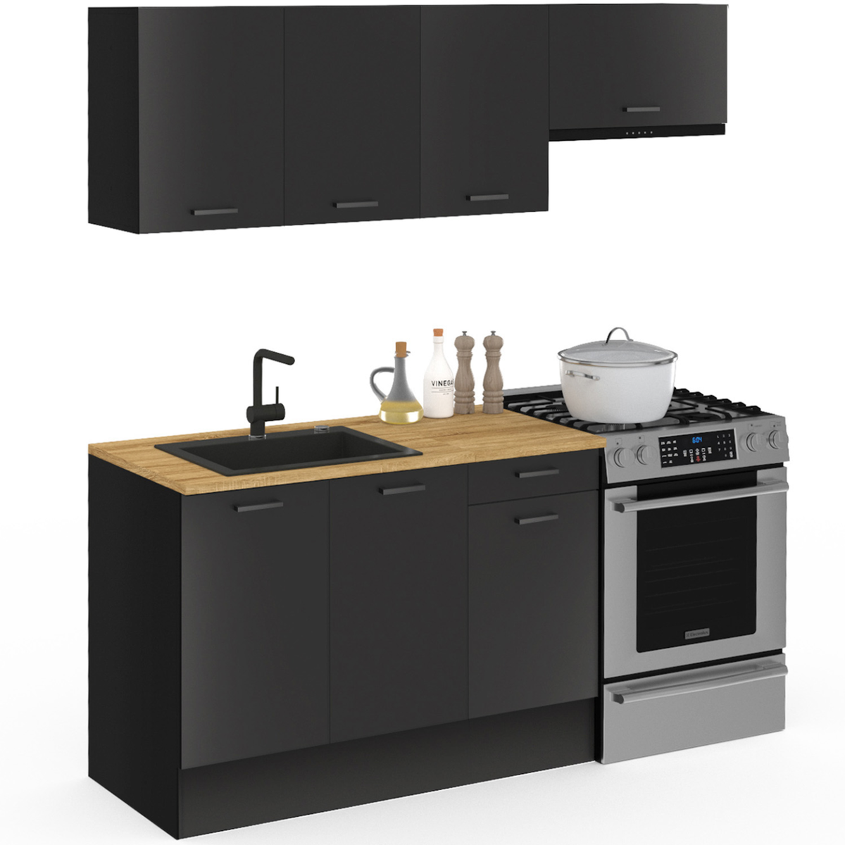 ID MARKET Cuisine complète 180 cm SUBTIL avec plan de travail 5 éléments noir et plateaux bois