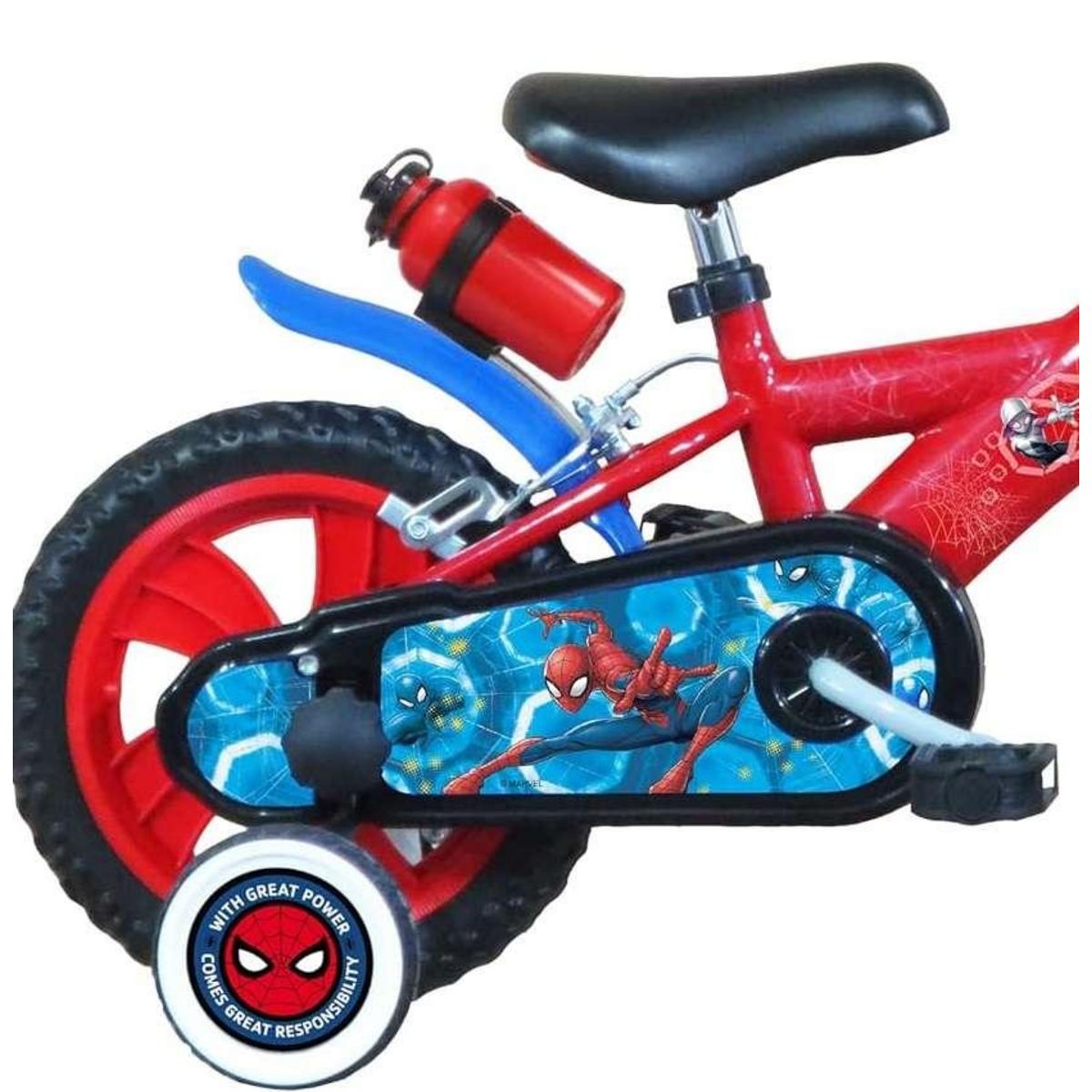 Marvel Vélo enfant - Modèle 12'' Spiderman + Casquepour enfant de 85/100 cm avec stabilisateurs - 2 freins - Plaque décorative avant - Porte bidon