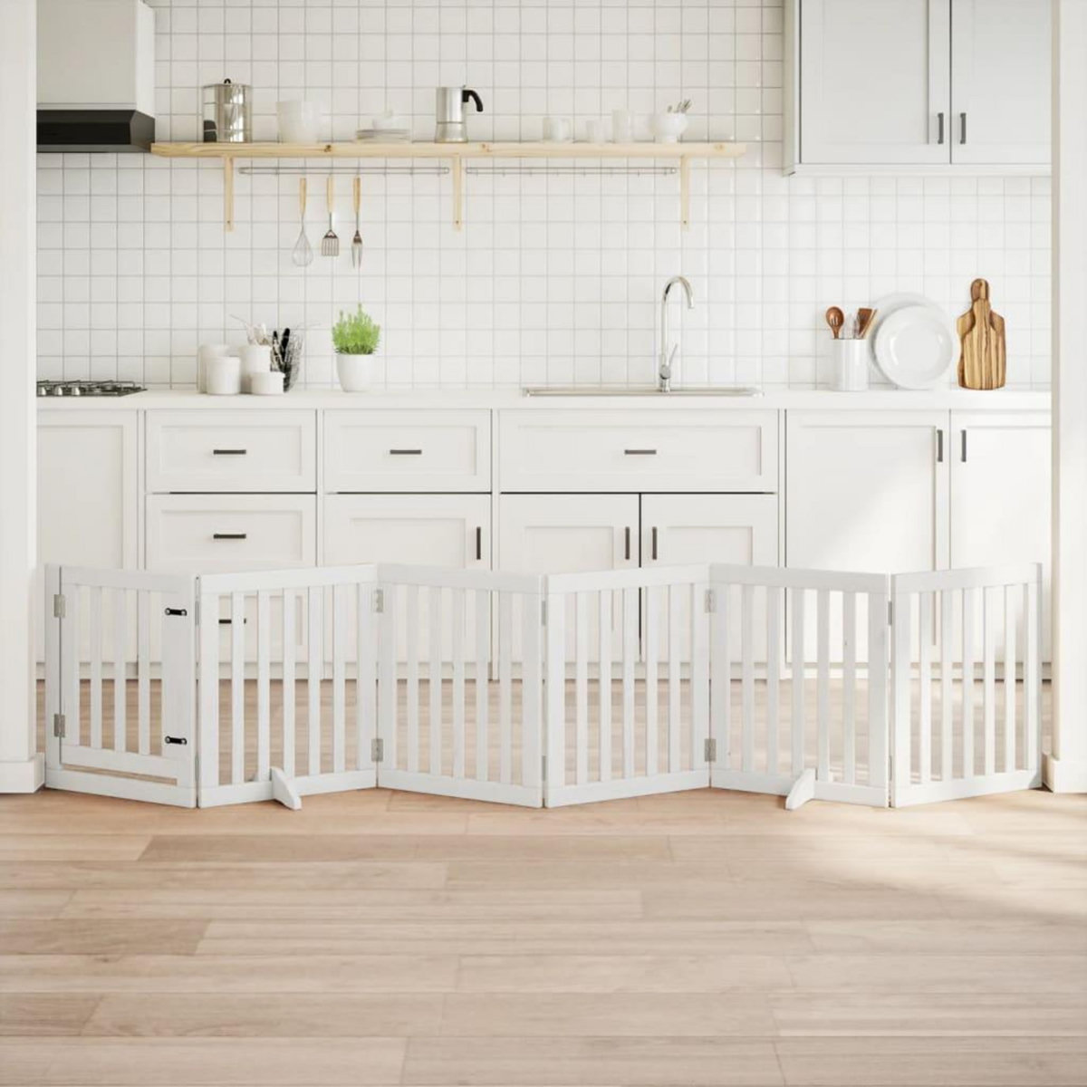 VIDAXL Barriere pour chiens et porte 6 panneaux blanc bois de peuplier