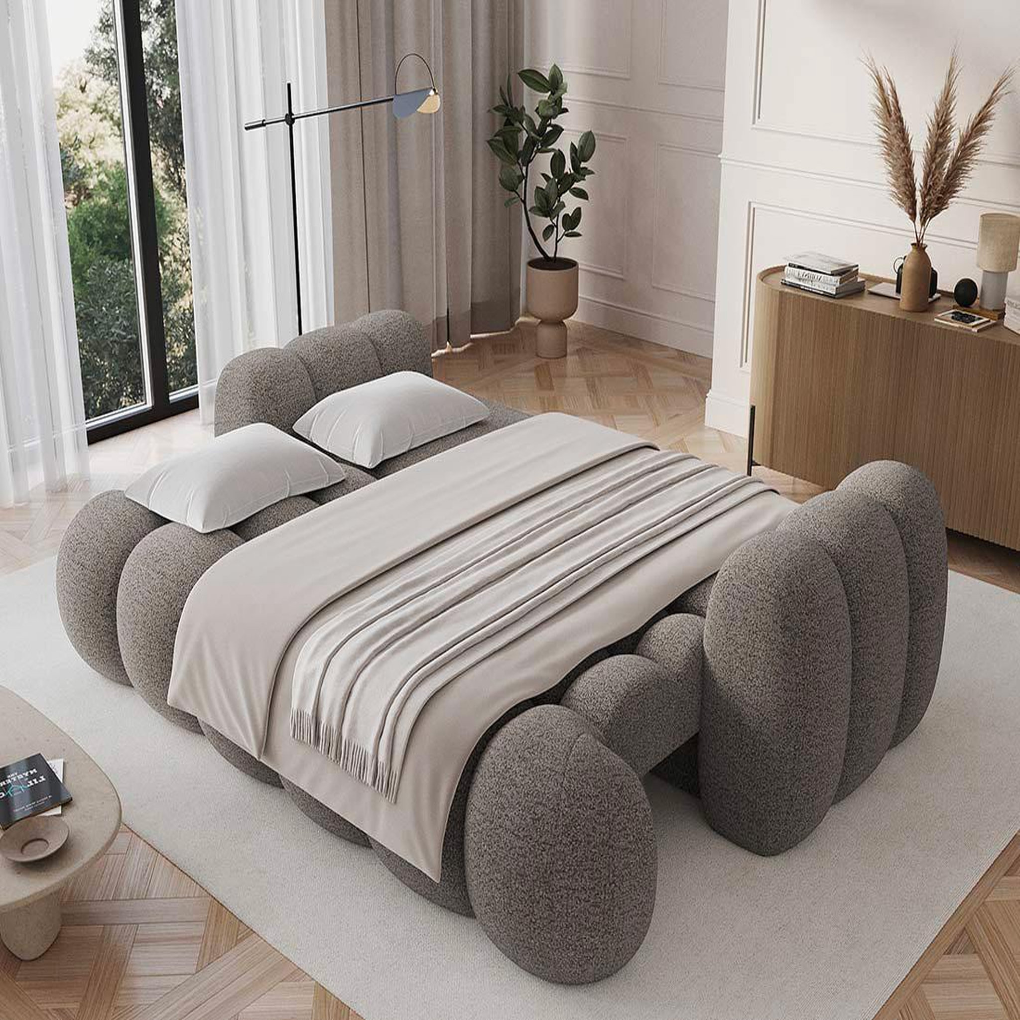 Voir la diapositive 2 : BEST MOBILIER Dorian - canapé droit 3 places convertible avec coffre en tissu bouclette
