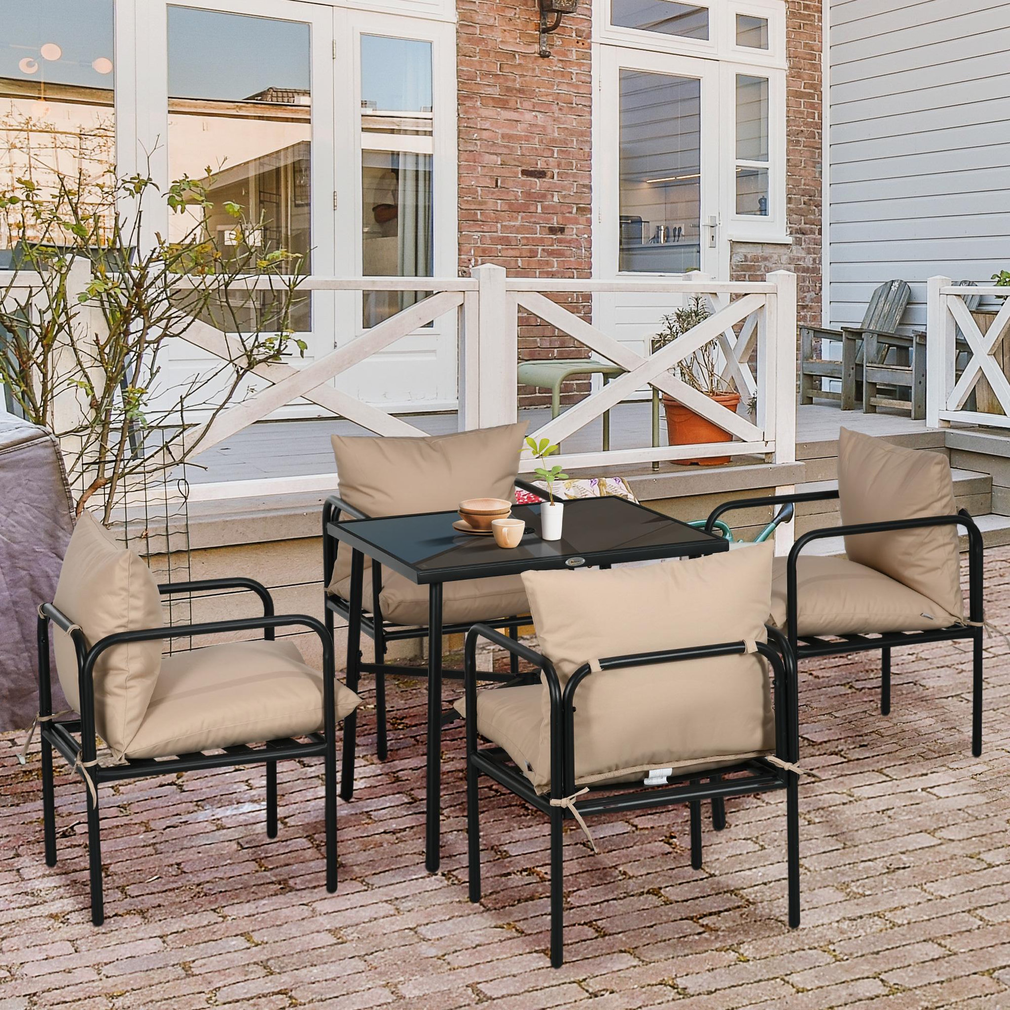 Voir la diapositive 2 : OUTSUNNY Ensemble salon de jardin 4 places 5 pièces - table à manger, 4 chaises, 4 coussins