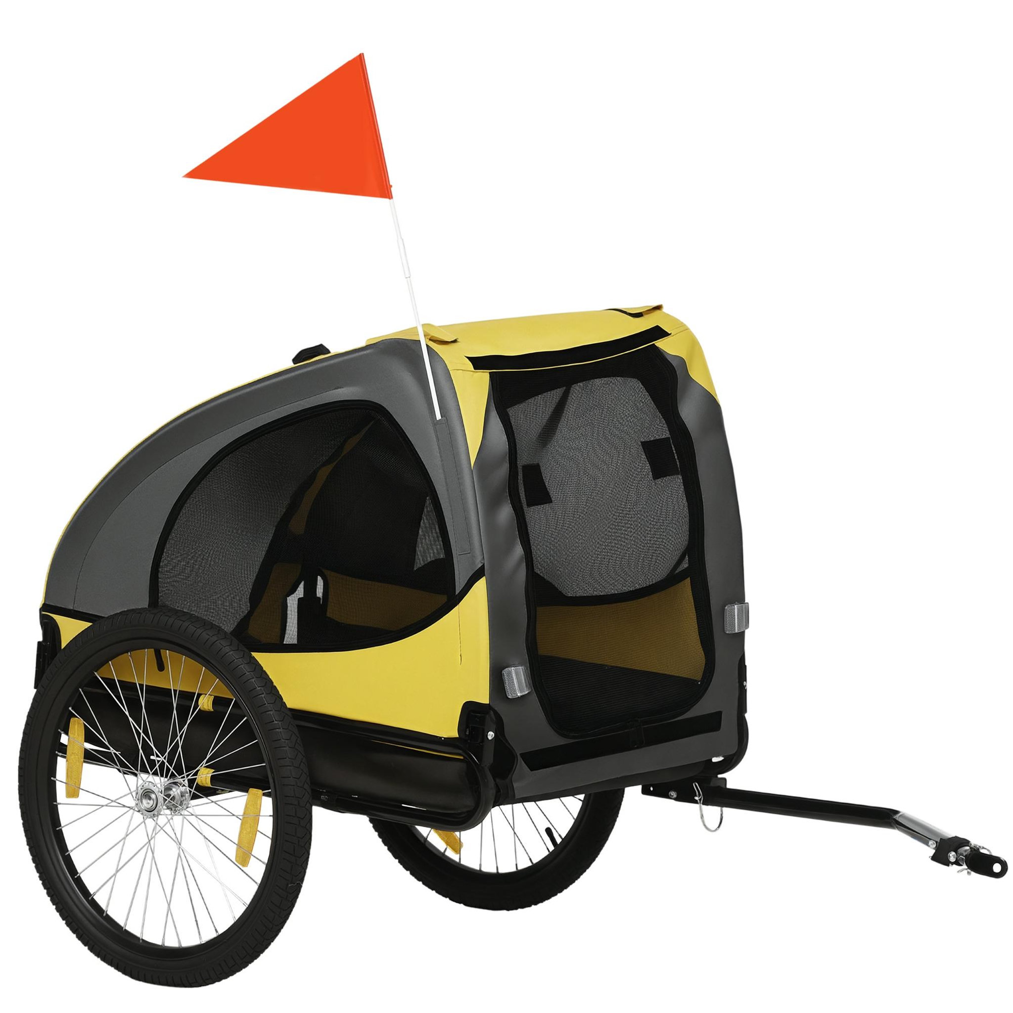 PAWHUT Remorque vélo pour chien 20 kg pliable barre attelage fixation réflecteurs drapeau jaune