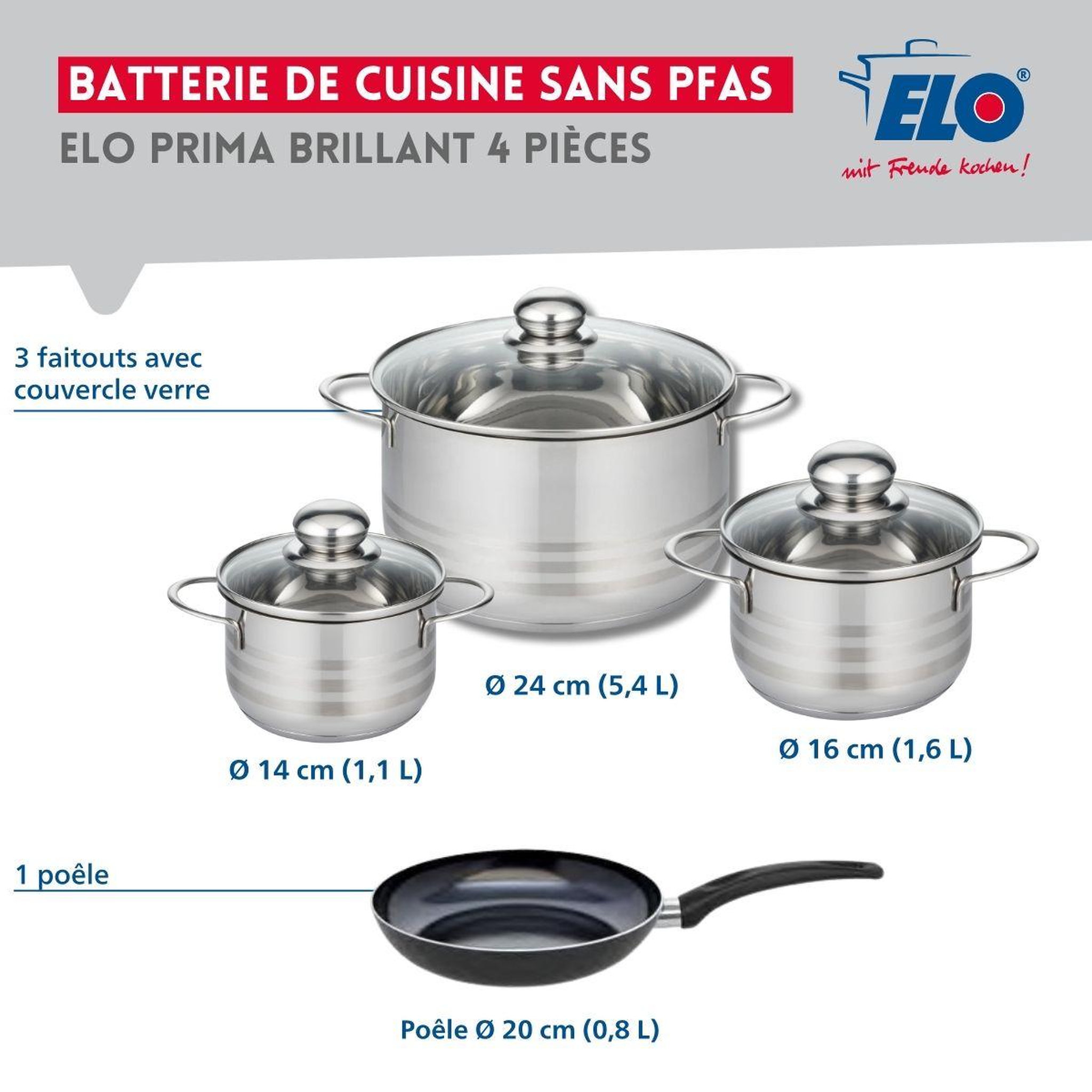 Voir la diapositive 2 : ELO Ensemble de 1 poêle de cuisson 20 cm et 3 faitouts 14, 16 et 24 cm elo prima brillant