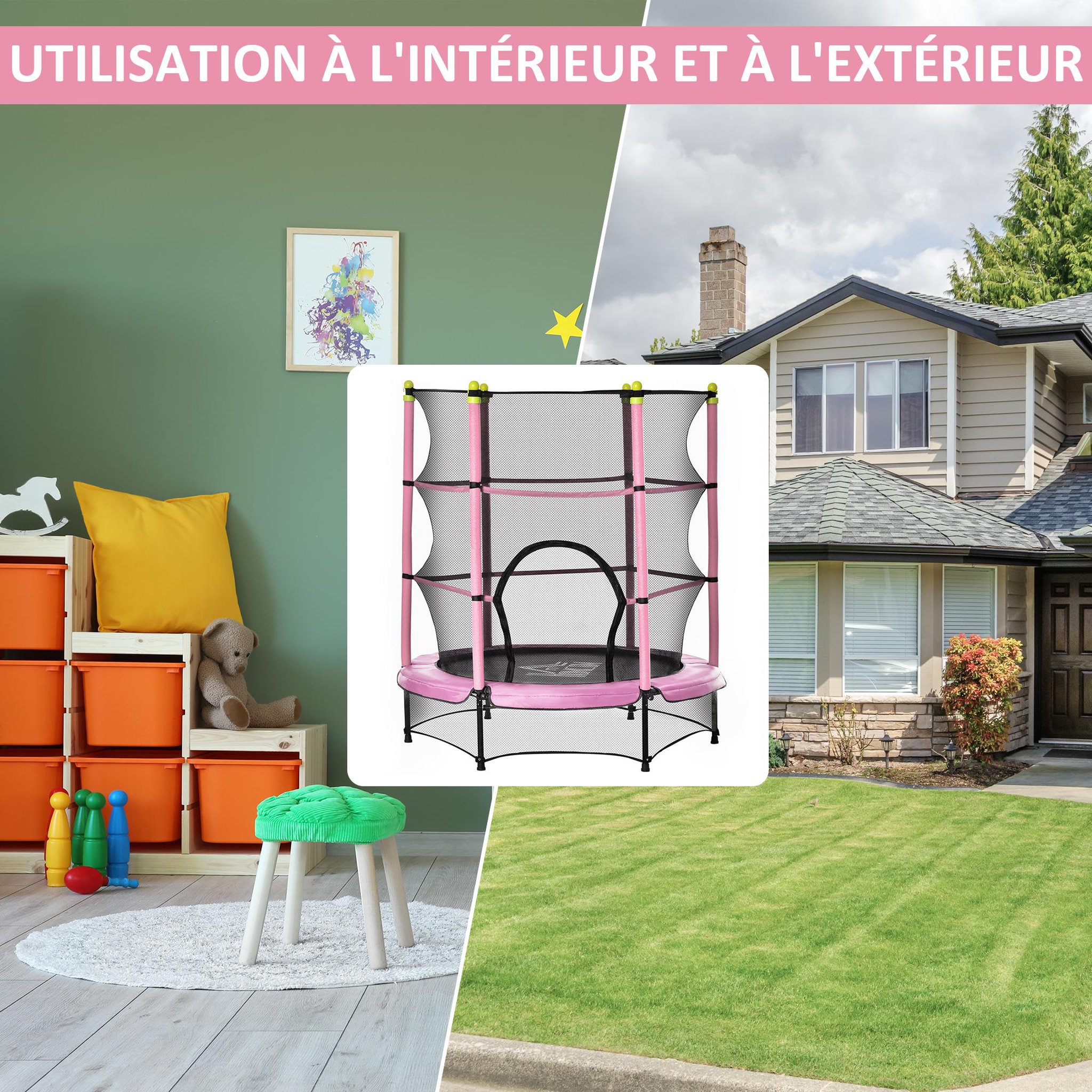Voir la diapositive 4 : HOMCOM Trampoline enfant Ø 1,40 × 1,60H m filet de sécurité porte zipée couvre-ressorts 6 poteaux rembourrés inclus rose