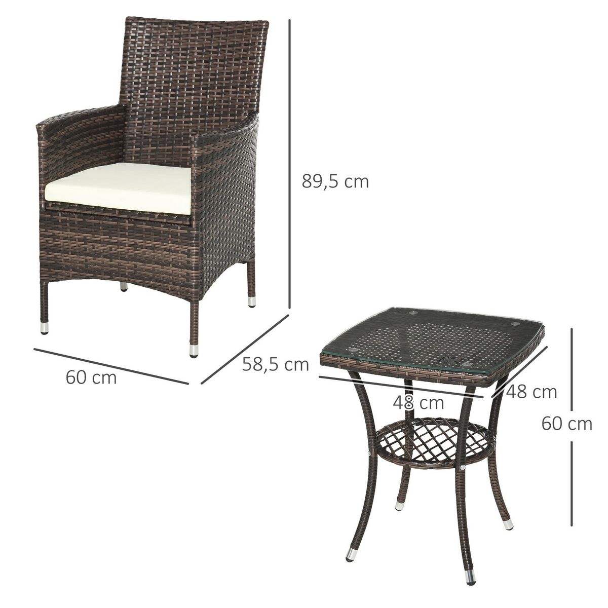 OUTSUNNY Outsunny Ensemble salon de jardin 2 places : 2 fauteuils et table basse plateau verre trempé résine tressée imitation rotin chocolat foncé coussins blanc