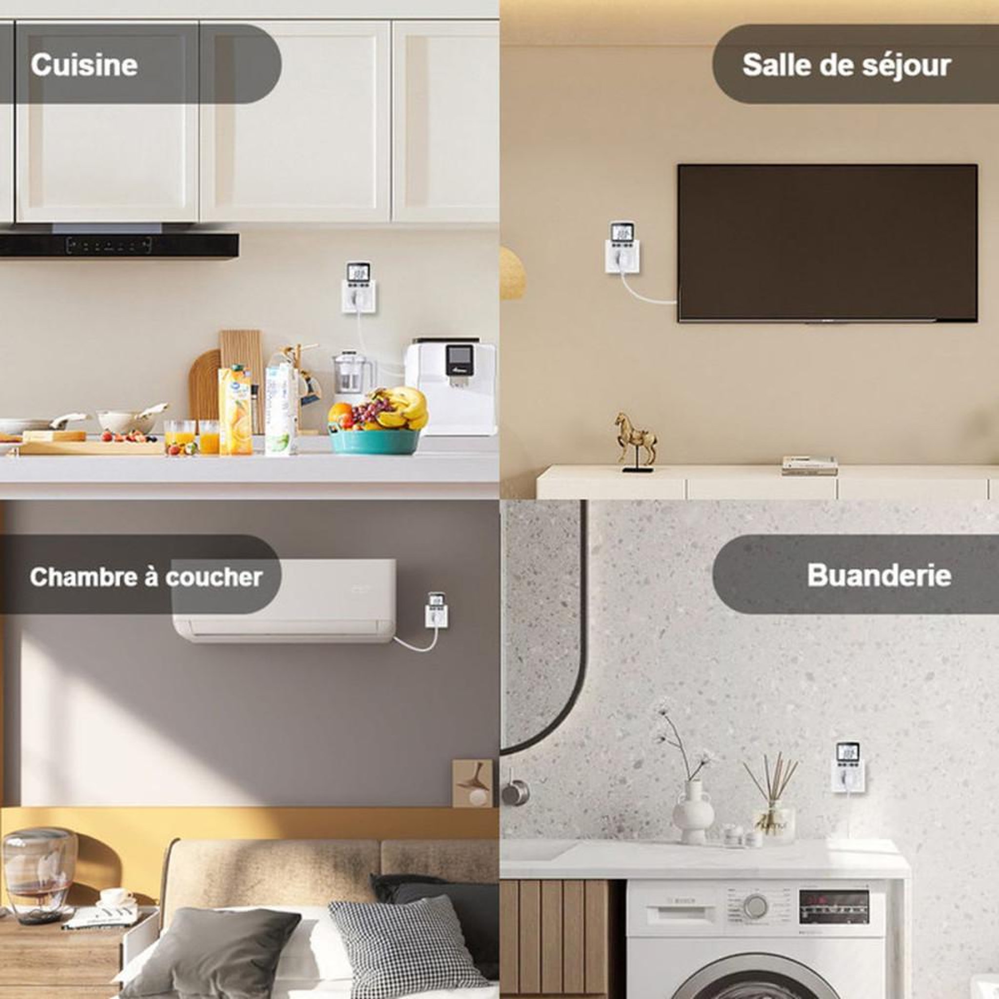 Voir la diapositive 5 : Prise wattmètre mesure l'énergie en temps réel 230 V, écran LCD rétroéclairé blanc, 11 modes, seuil de surcharge réglable jusqu'à 3680 W, alertes SURCHARGE