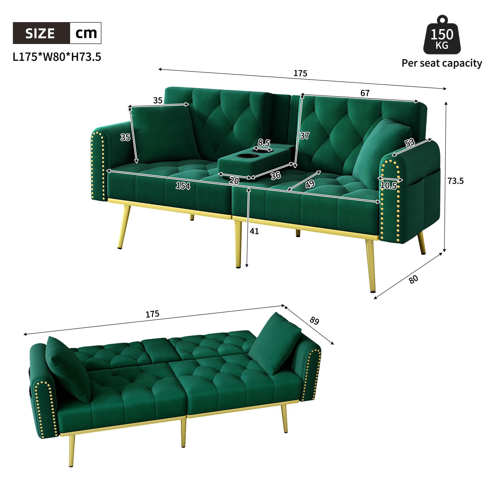 Voir la diapositive 3 : MERAX Canapé droit convertible 2 places velours