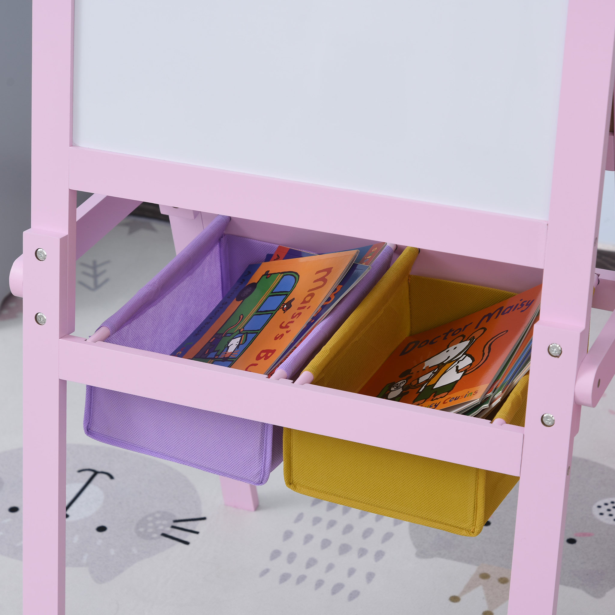 Voir la diapositive 4 : HOMCOM Tableau enfant - chevalet enfant - ardoise double face - tableau blanc tableau à craie - rouleau papier + paniers rangement intégrés - MDF rose
