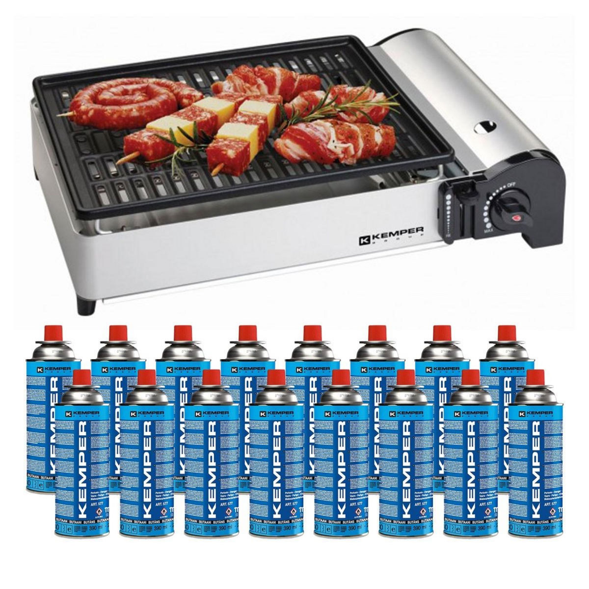 Kemper Barbecue à gaz 1900W Grille anti adhesive + 16 cartouches gaz camping KEMPER