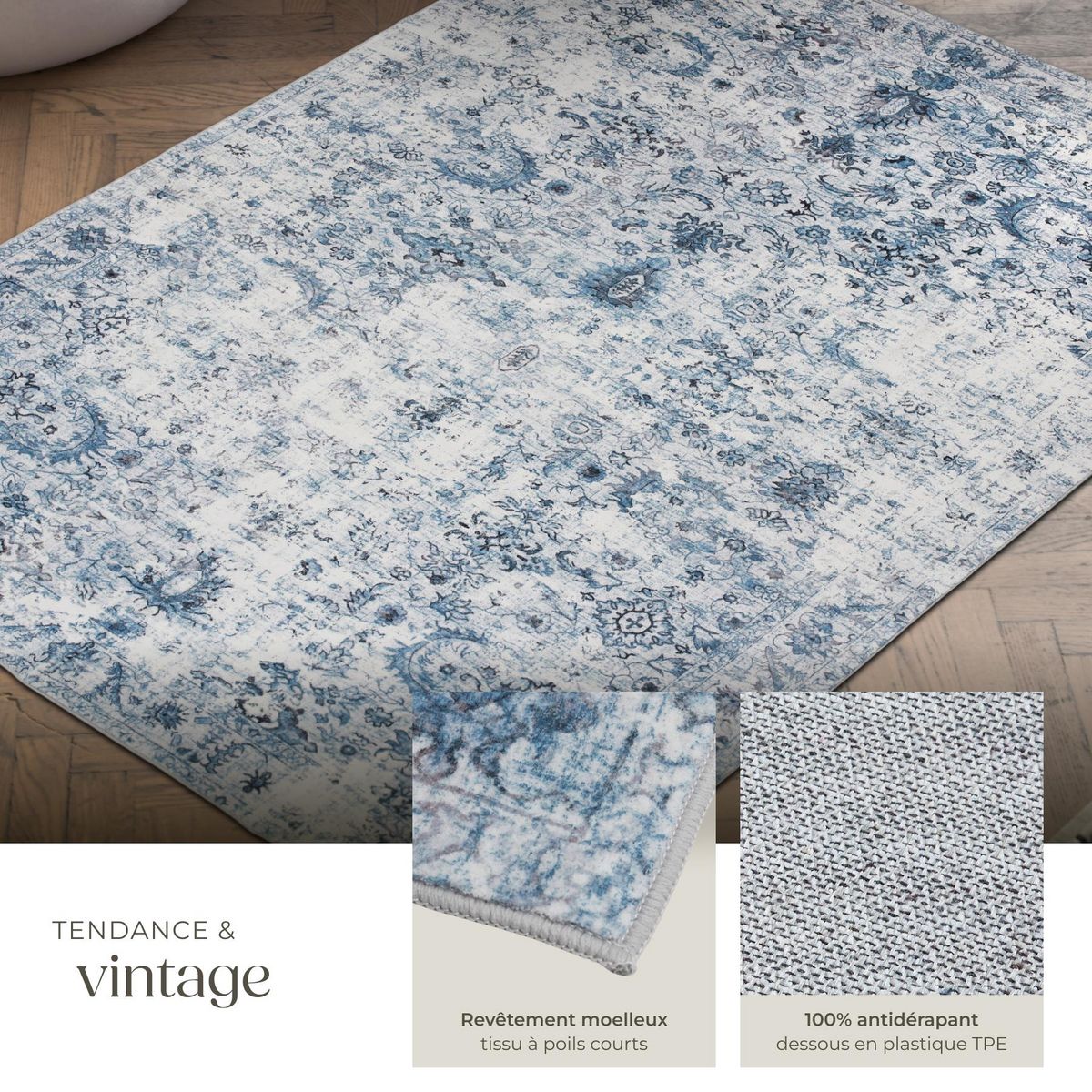 tectake Tapis vintage design à poils courts en laine synthétique et feutre bleu 120 x 170 cm