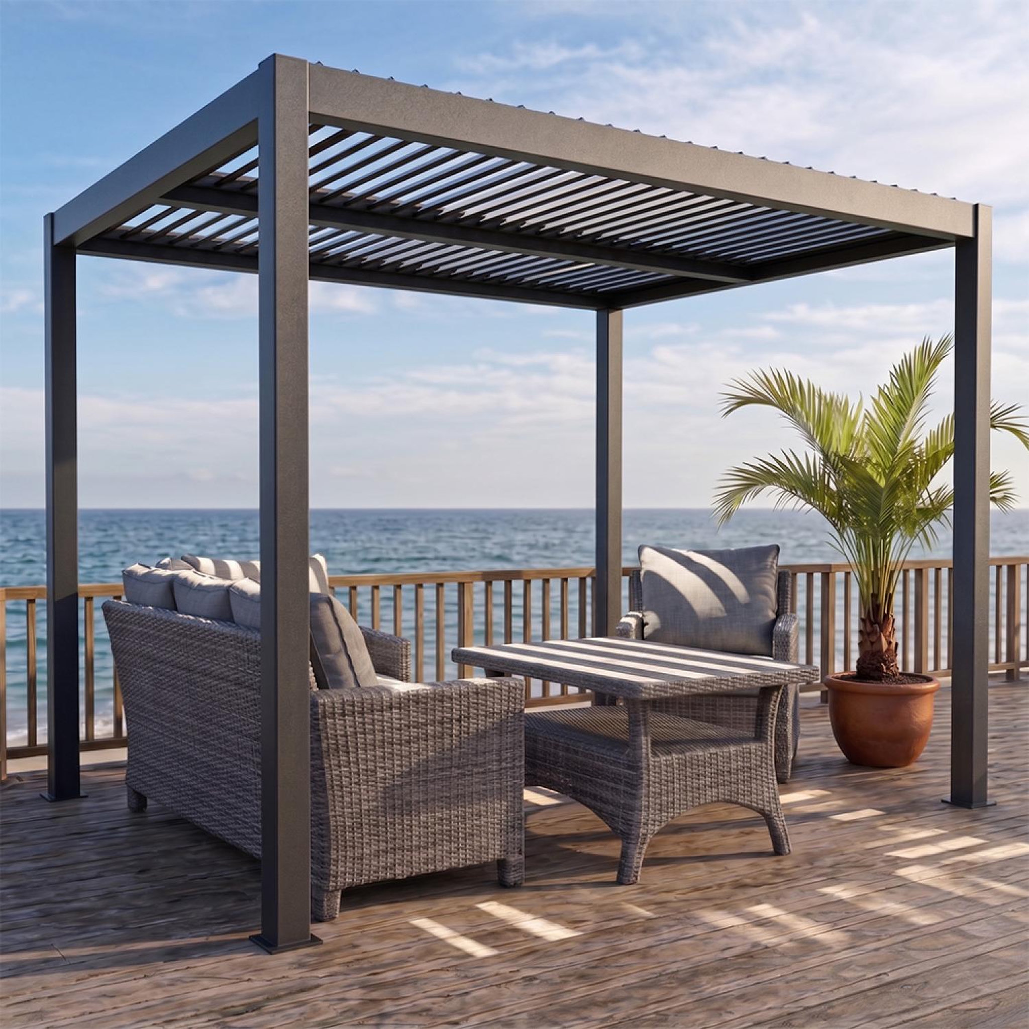 Voir la diapositive 2 : CONCEPT USINE Pergola bioclimatique structure et lames orientables en aluminium 3x3m rhodes
